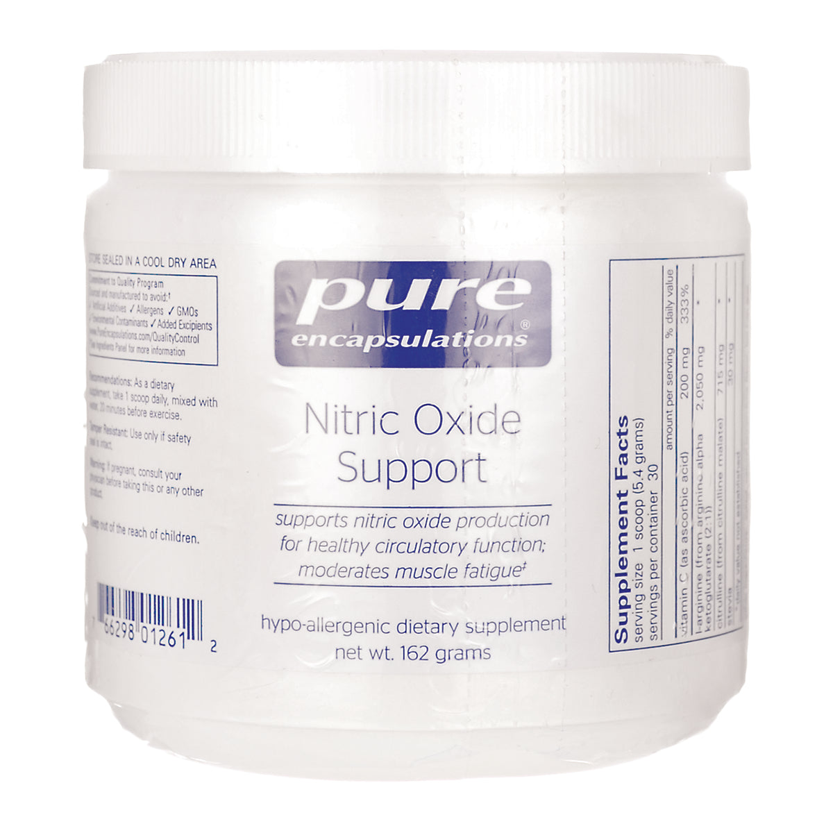 PRN157 | Pure Encapsulations Nitric Oxide Support white supplement jar front label showing product name and net wt 162 grams