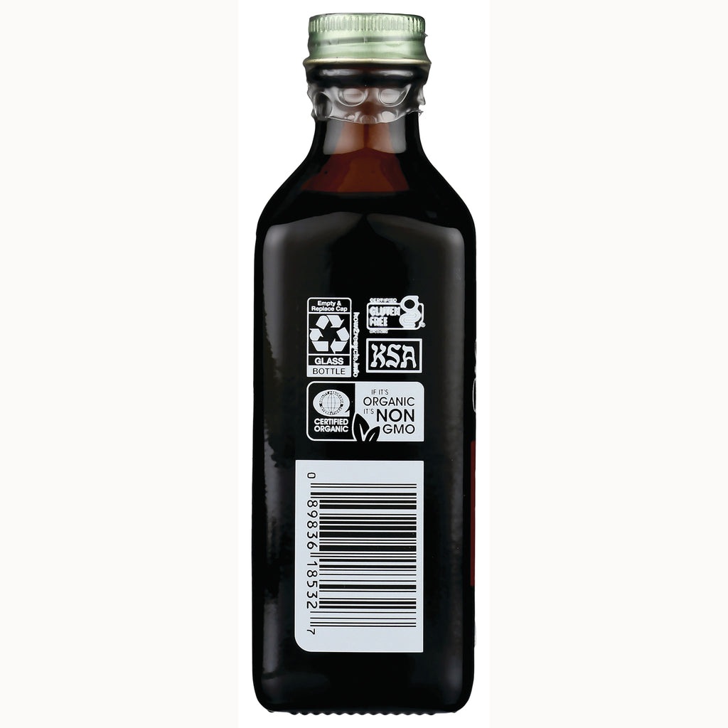SMP025 | Back of dark glass bottle showing barcode, certification icons (Non GMO, glass bottle) and metal cap - Thumbnail
