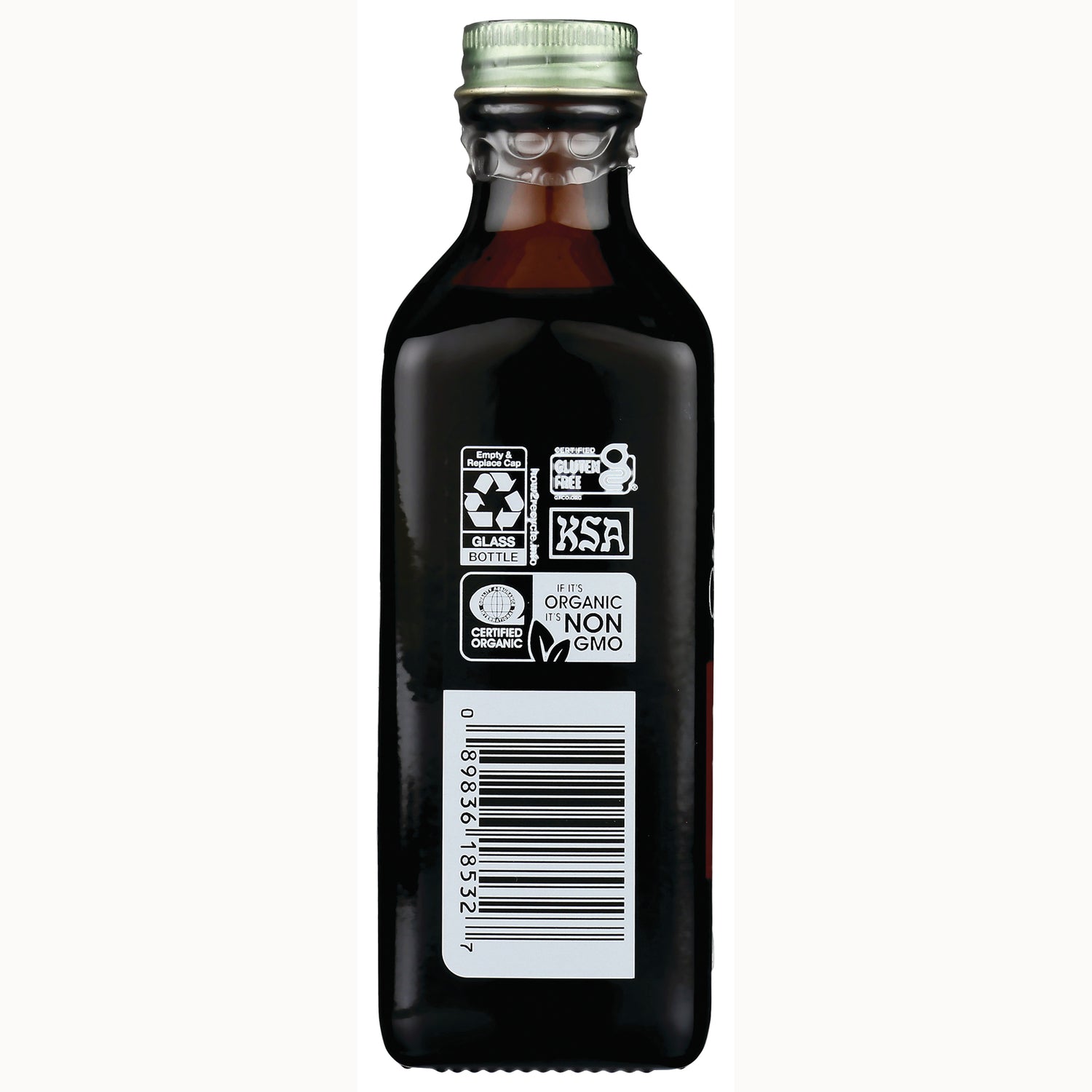 SMP025 | Back of dark glass bottle showing barcode, certification icons (Non GMO, glass bottle) and metal cap