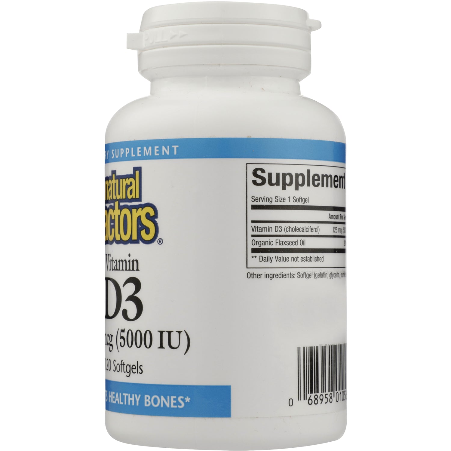 NFC095 | Back of white vitamin D3 softgel bottle showing supplement facts panel and barcode