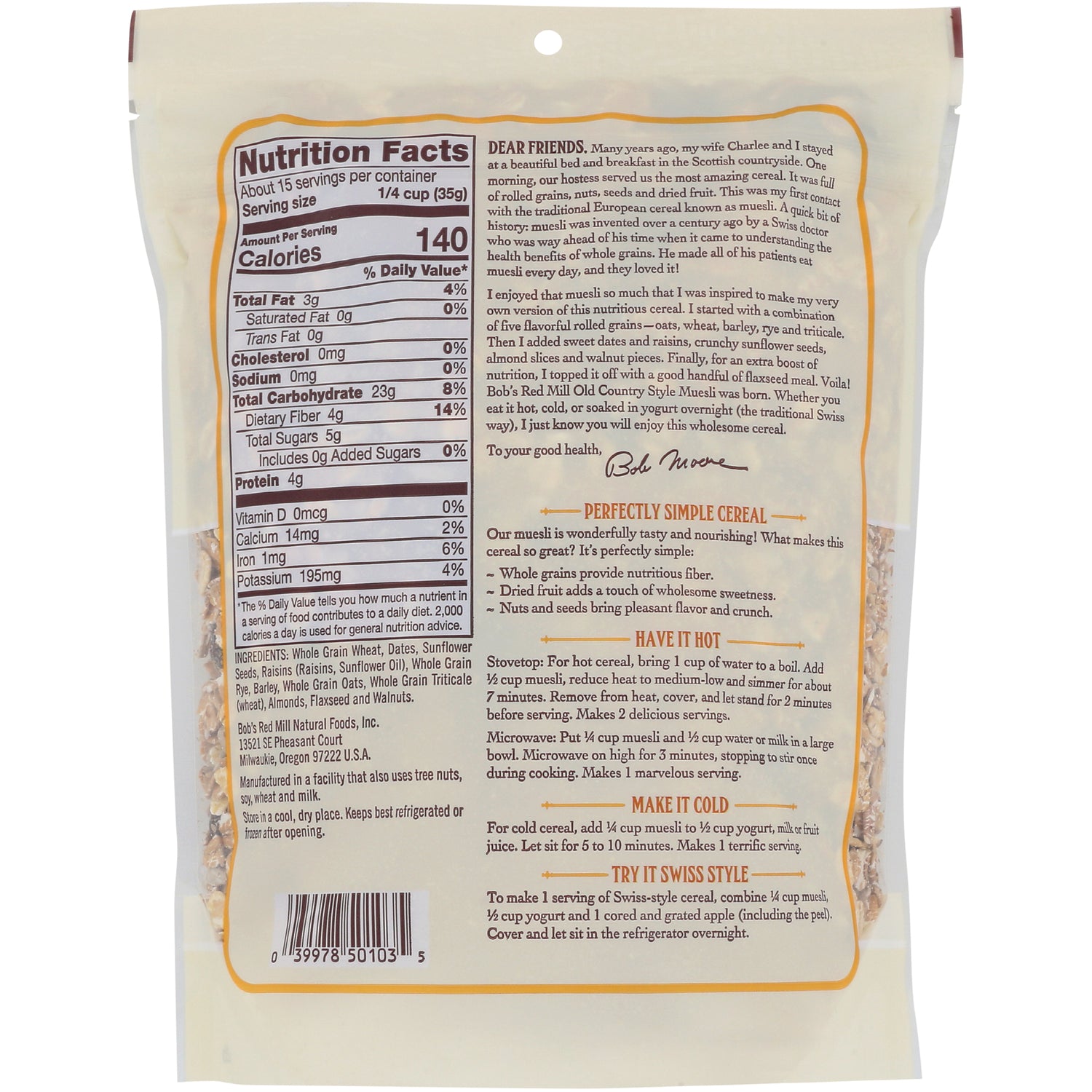 BOB021 | back of cereal bag showing nutrition facts, ingredients and preparation instructions