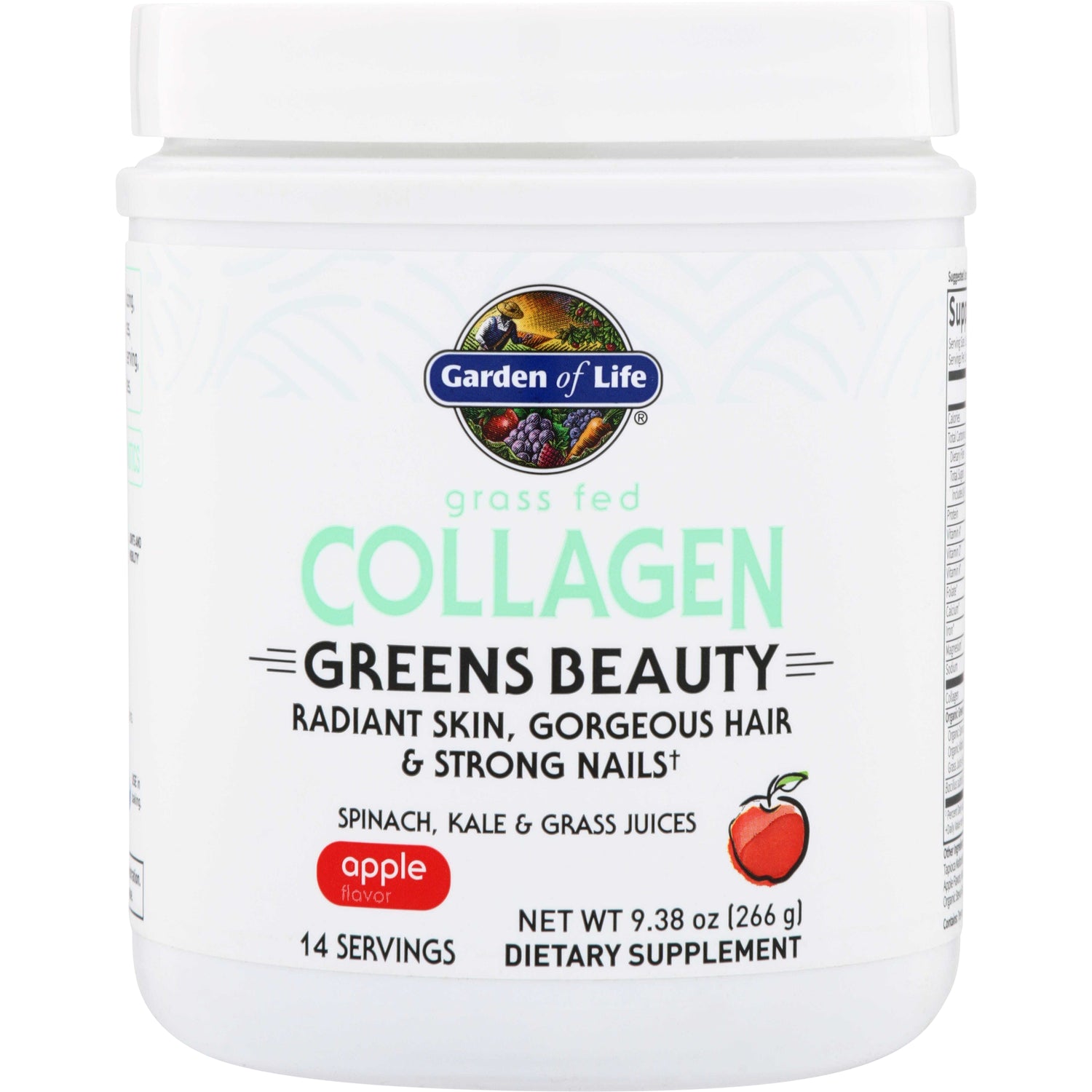 GLF305 | Garden of Life Grass Fed Collagen Greens Beauty, Apple Flavor dietary supplement tub, 14 servings
