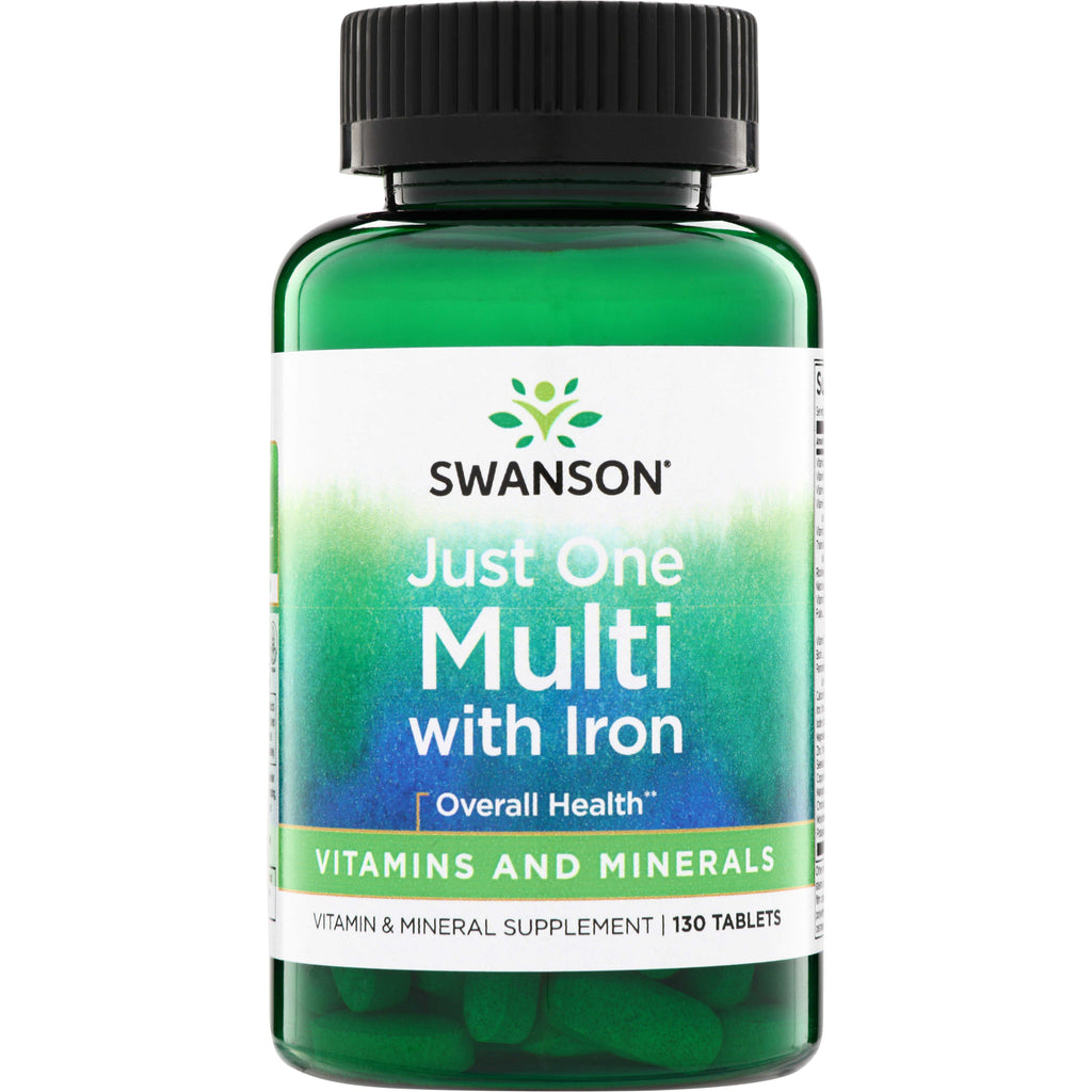 SW250 | Swanson Just One Multi with Iron multivitamin, 130 tablets, front label - Thumbnail