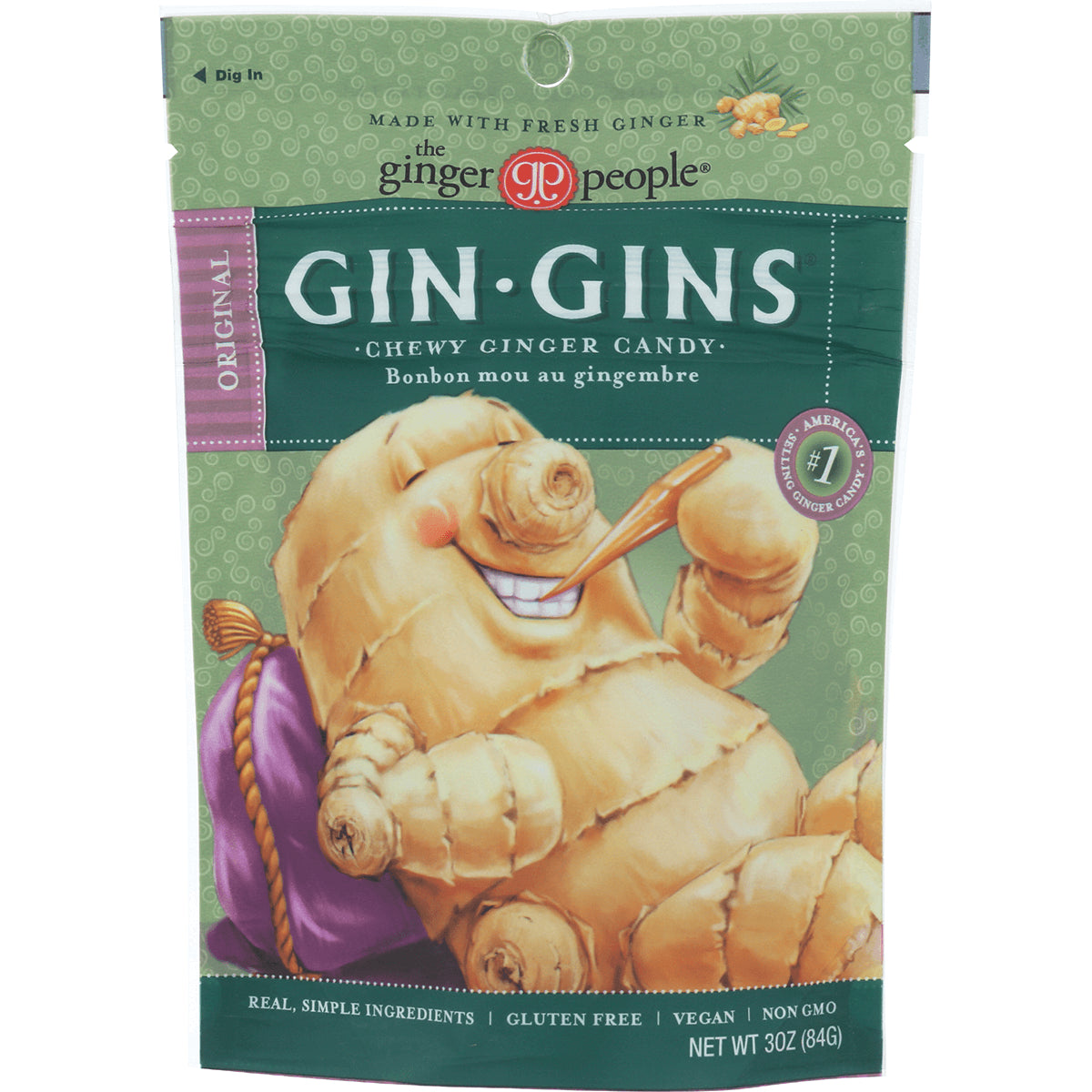 GPE007 | Front pouch showing GINGINS chewy ginger candy packaging with smiling ginger root illustration