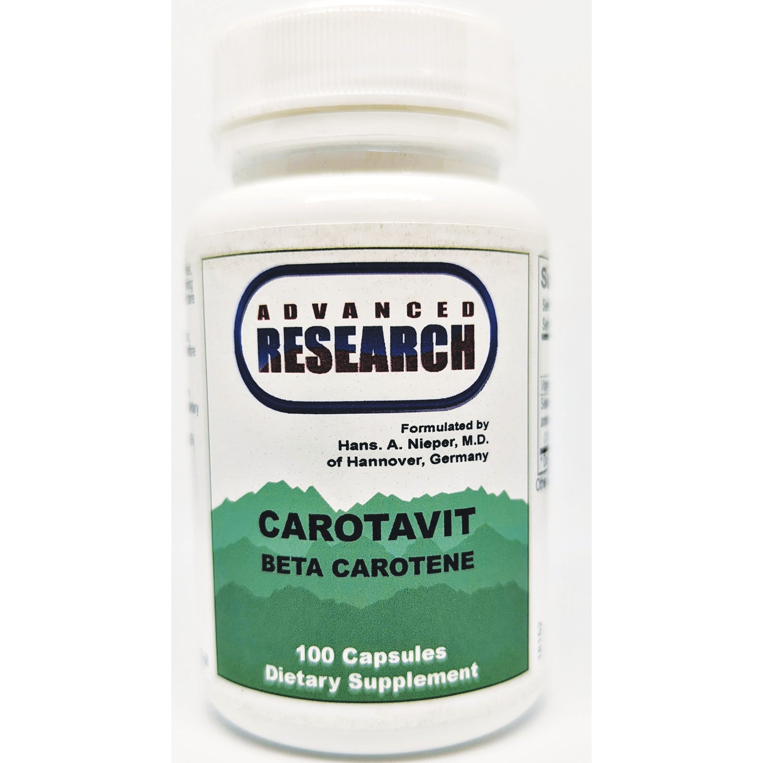 ADR010 | White bottle front labeled Advanced Research Carotavit Beta Carotene, 100 Capsules Dietary Supplement