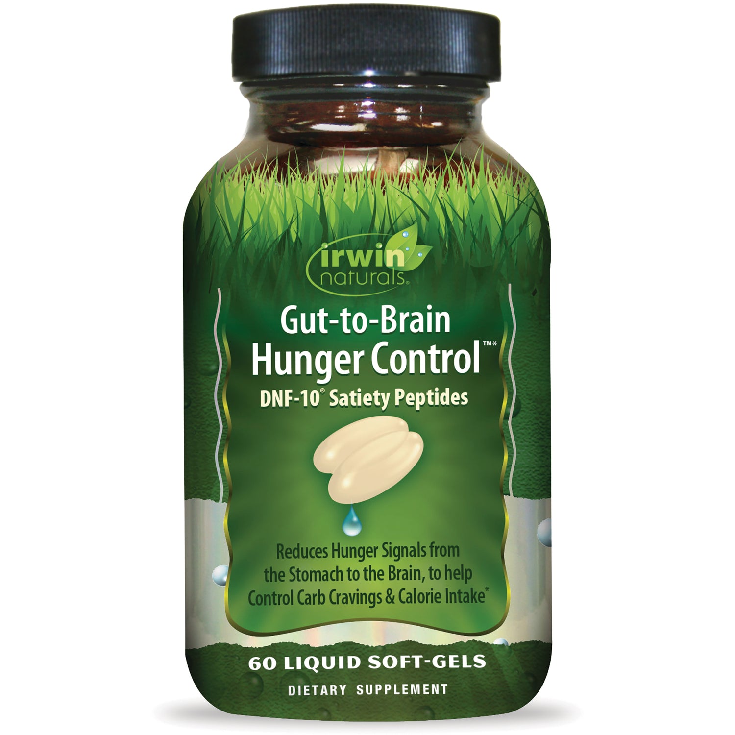 IR259 | Irwin Naturals Gut-to-Brain Hunger Control bottle showing label and 60 liquid soft-gels
