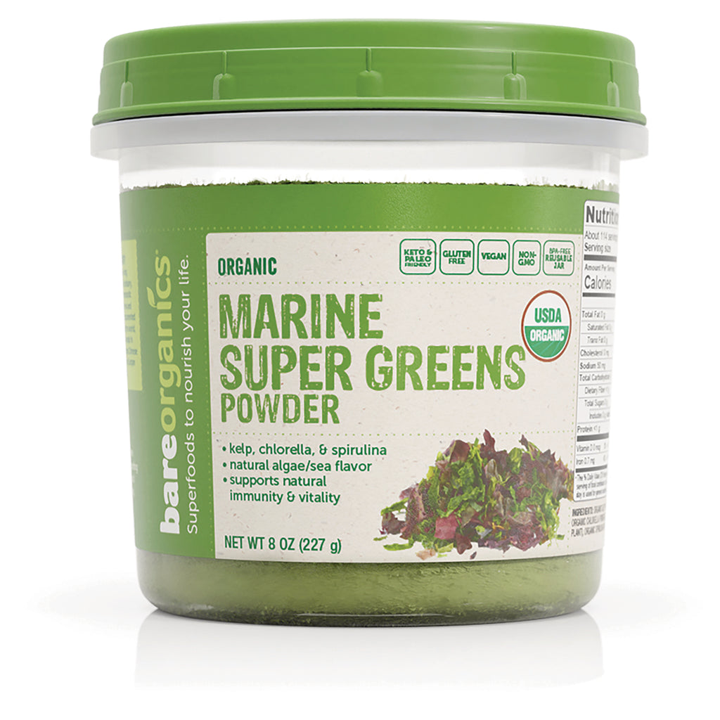 BOR012 | Front view of organic Marine Super Greens Powder jar with green lid and label reading MARINE SUPER GREENS POWDER - Thumbnail