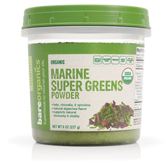 BOR012 | Front view of organic Marine Super Greens Powder jar with green lid and label reading MARINE SUPER GREENS POWDER