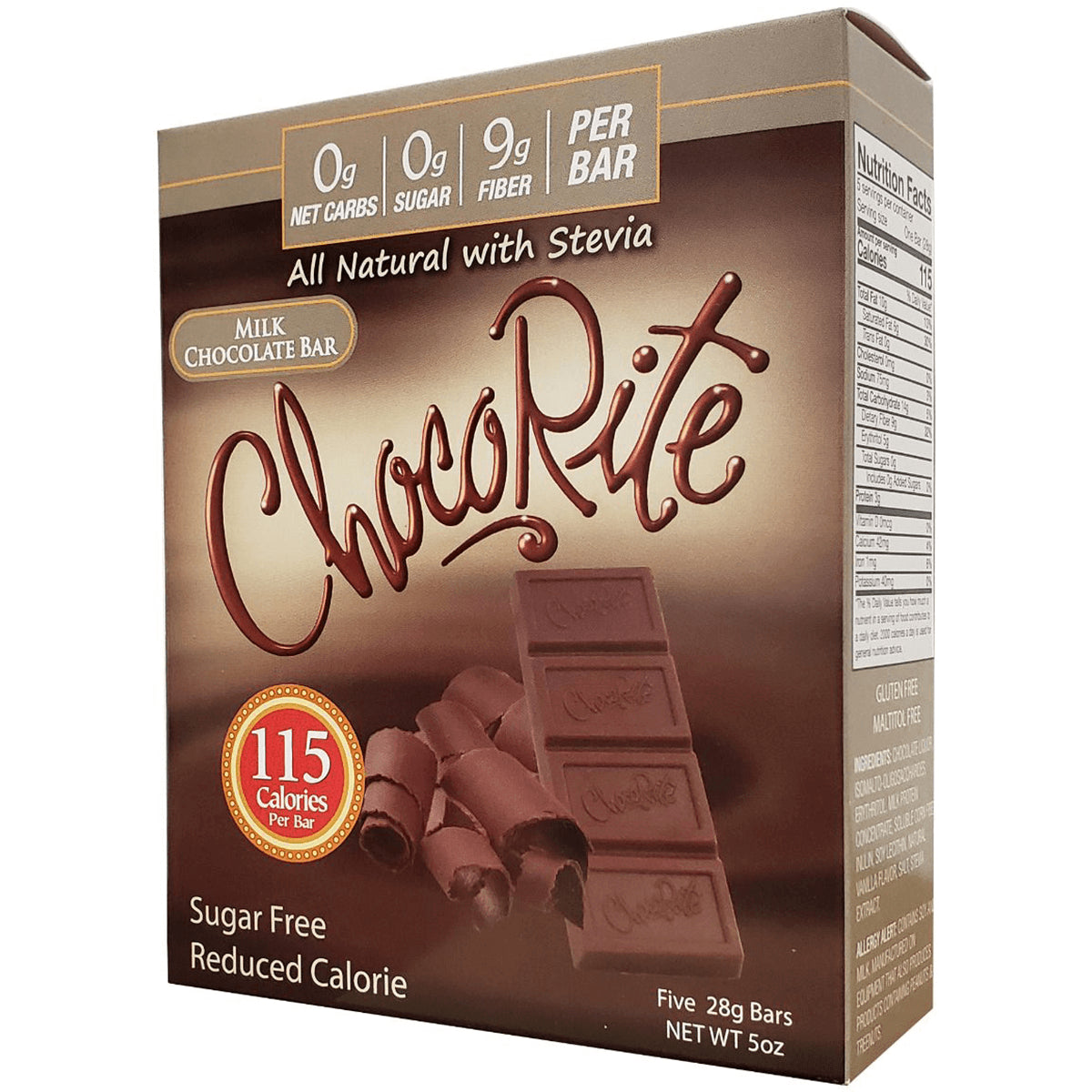 CHR010 | ChocoRite milk chocolate bar box front showing chocolate pieces and 115 Calories Per Bar label