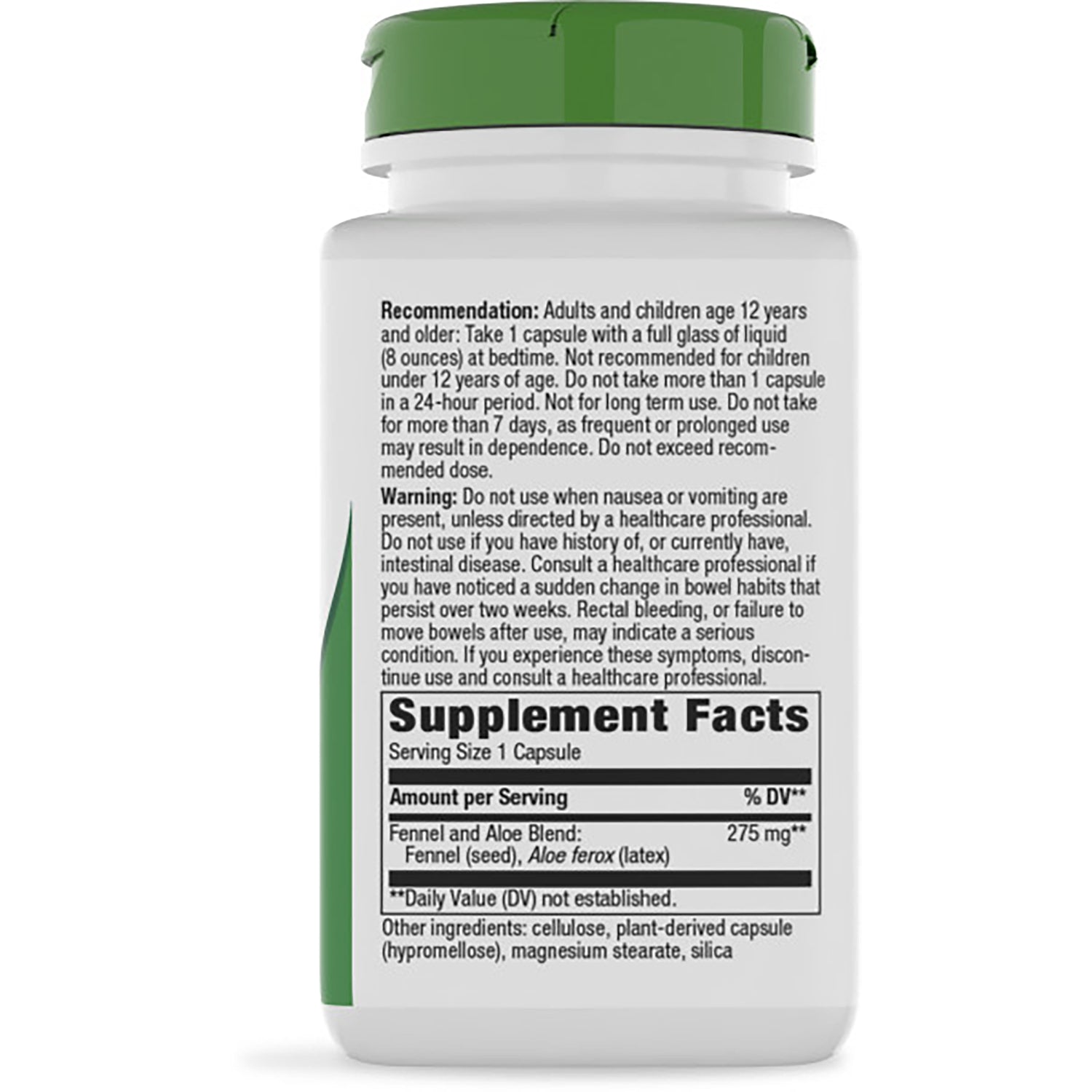 NW108 | Back of brown supplement bottle with green cap showing Supplement Facts panel and warning text