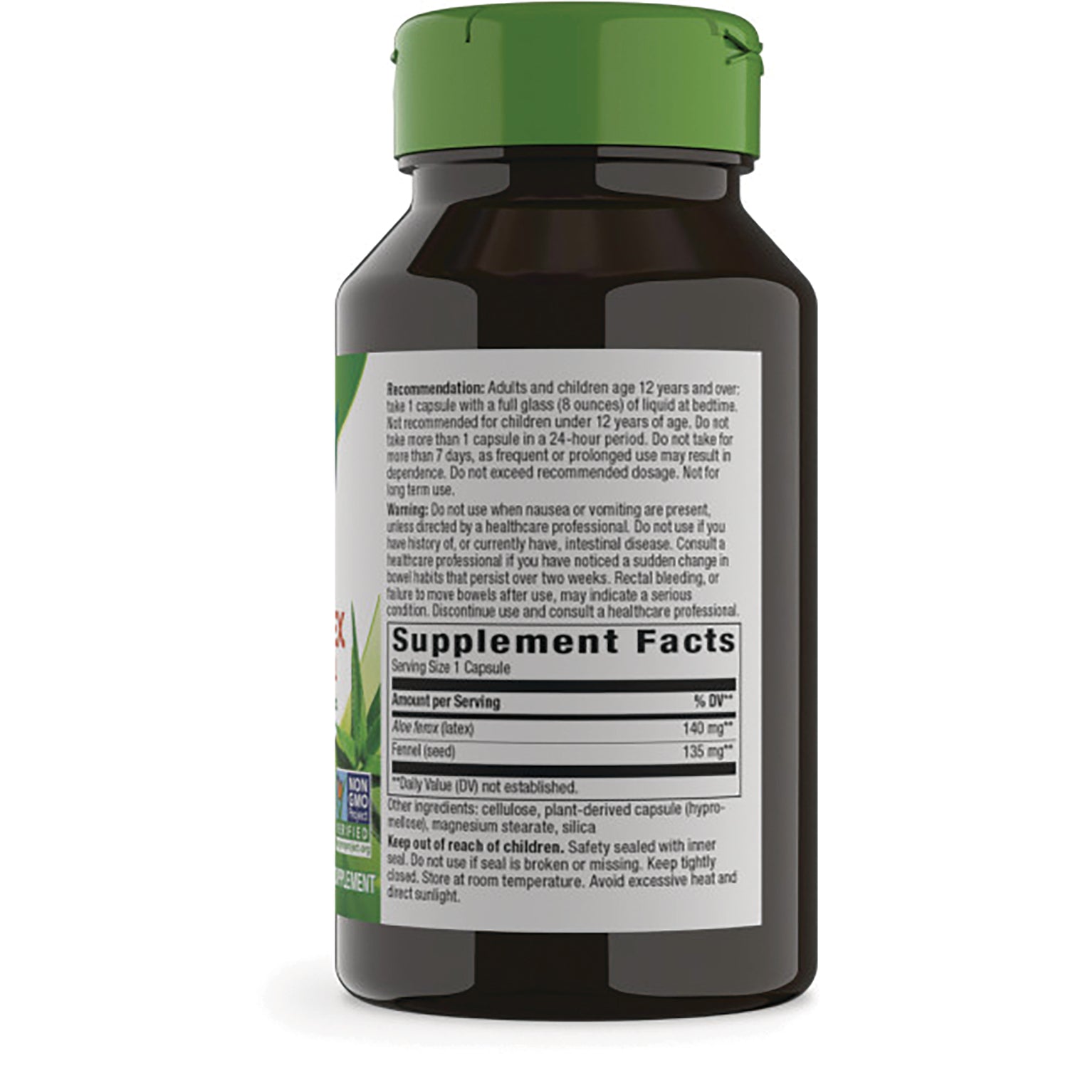 NW108 | Back of brown supplement bottle with green cap showing Supplement Facts panel and warning text
