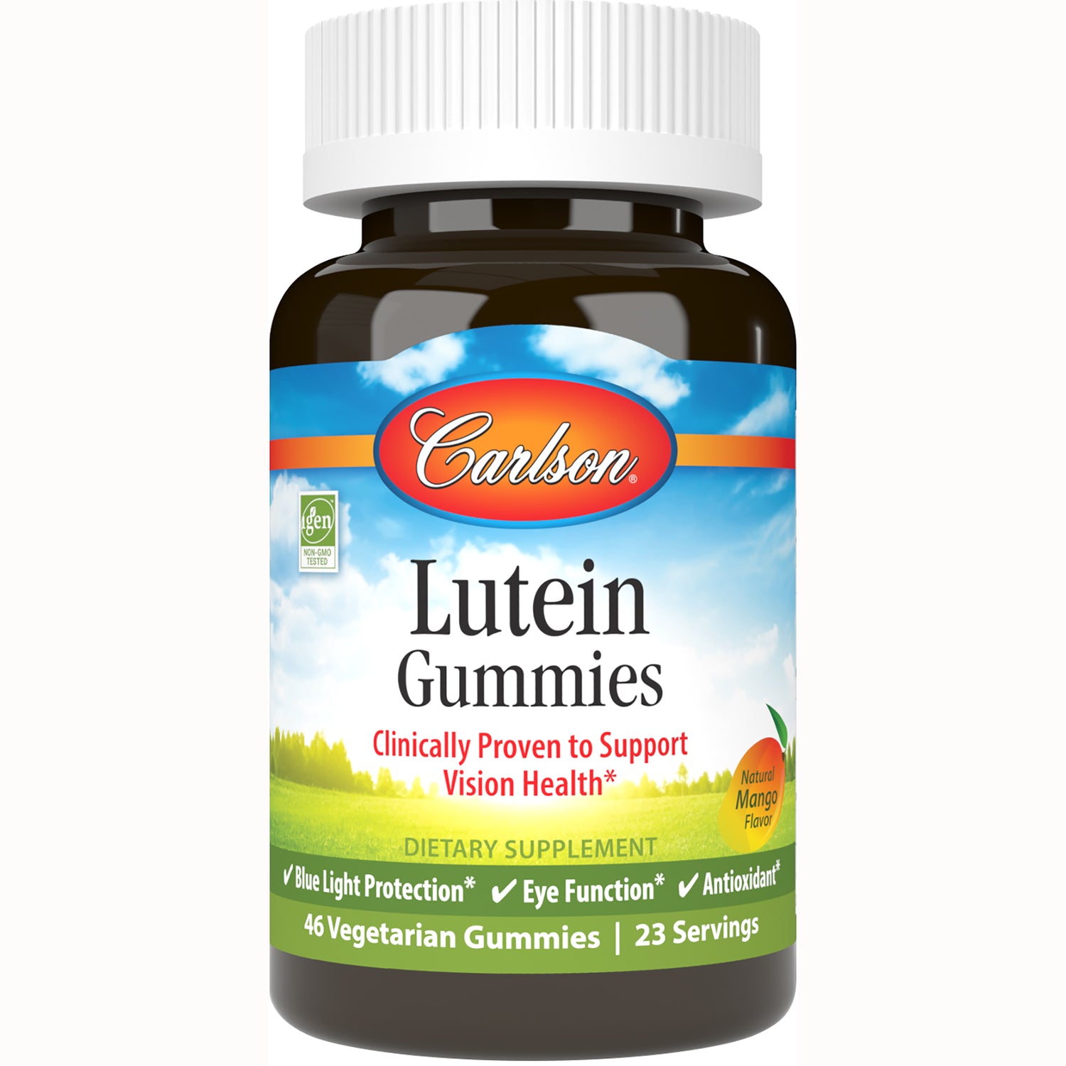 CSN282 | Carlson Lutein Gummies bottle, natural mango flavor, front label showing 46 vegetarian gummies and vision support claims