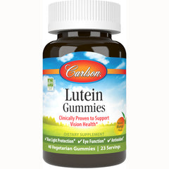 CSN282 | Carlson Lutein Gummies bottle, natural mango flavor, front label showing 46 vegetarian gummies and vision support claims
