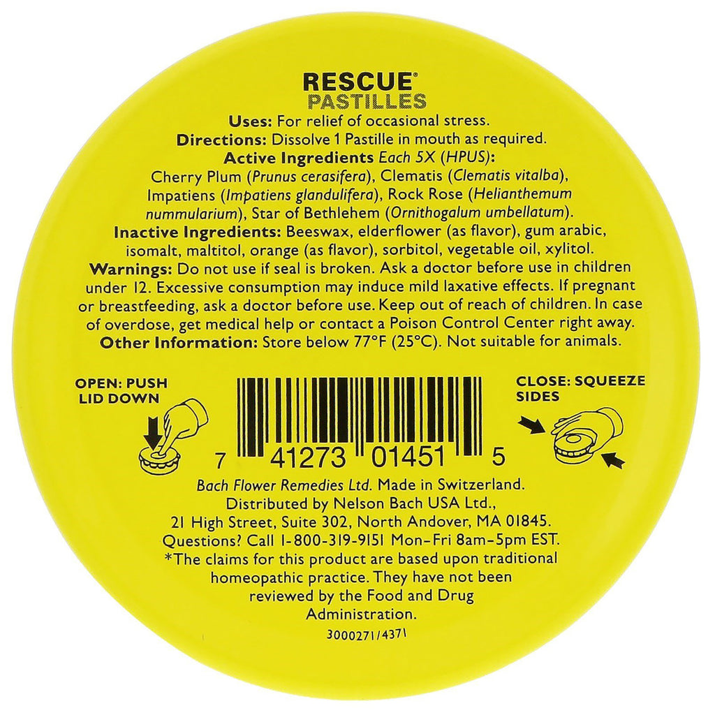 BFL015 | Yellow Rescue Pastilles tin back showing active and inactive ingredients, warnings, barcode and storage information - Thumbnail
