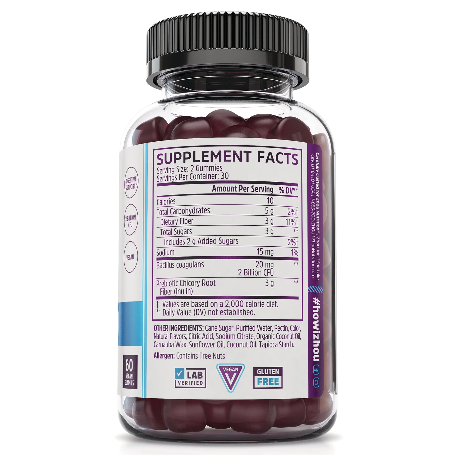 ZOU075 | Back label showing Supplement Facts; 60 vegan gummies, Lab Verified, Gluten Free