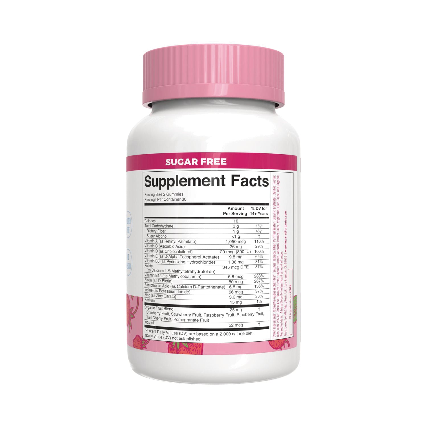 MRR040 | white bottle with pink cap showing Supplement Facts panel and SUGAR FREE label
