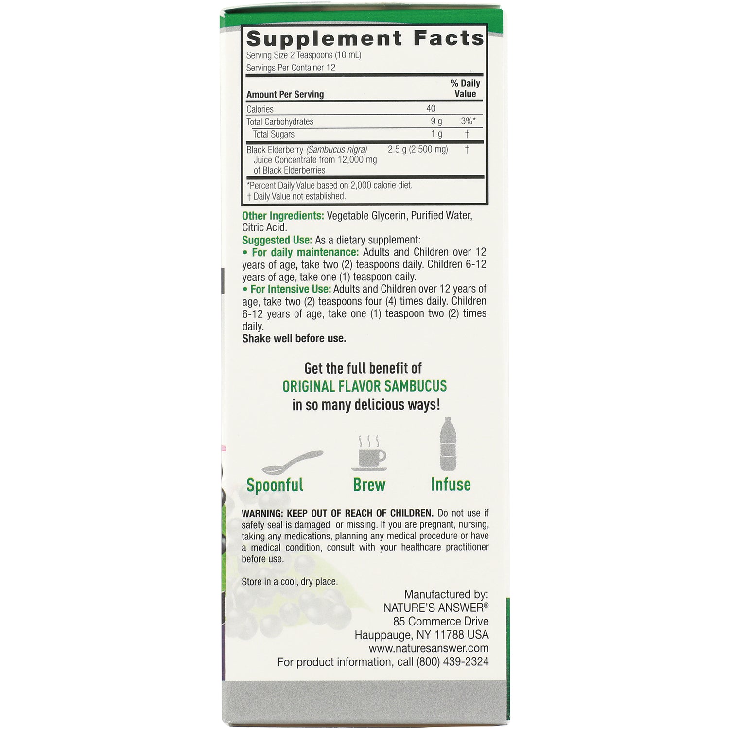 NAT086 | Back of supplement box showing Supplement Facts panel, suggested use, ingredients and spoonful/brew/infuse icons