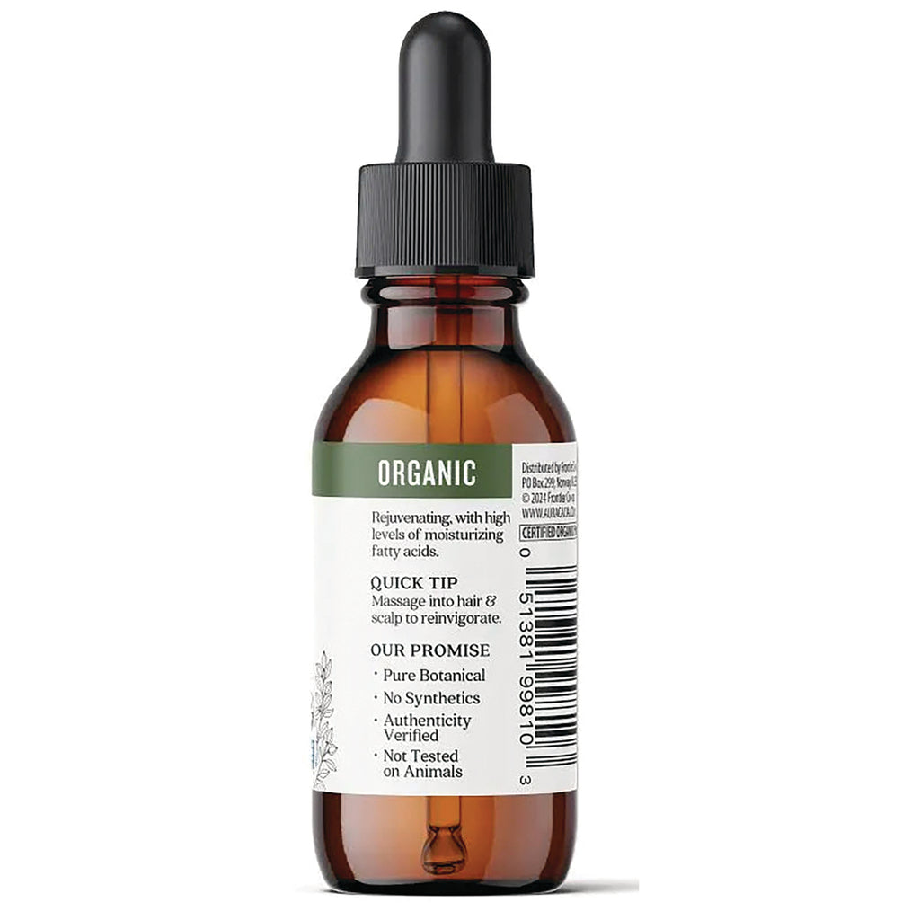 Amber glass dropper bottle back label reading ORGANIC with quick tip, promise bullets (pure botanical, no synthetics) and barcode - Thumbnail