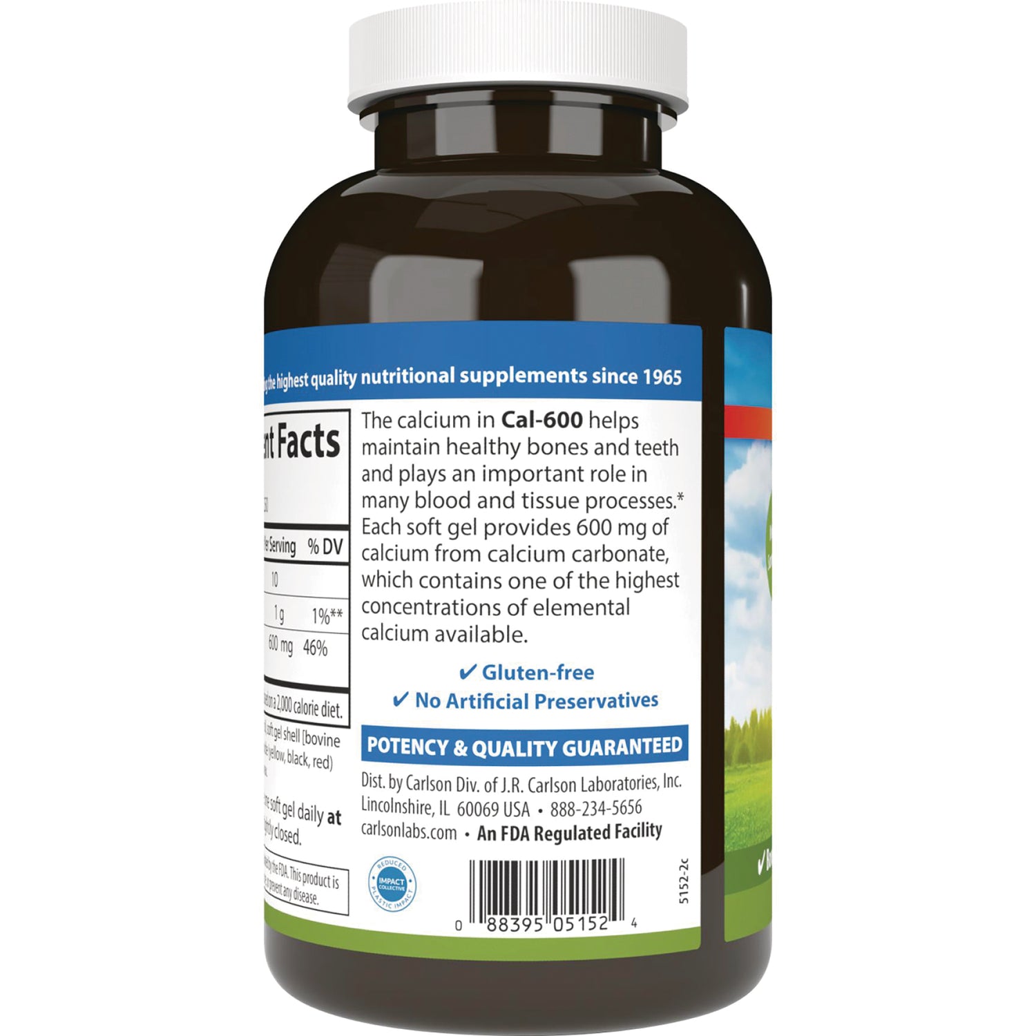 Back label of brown supplement bottle showing Cal-600 description, nutrition facts, gluten-free and no artificial preservatives, barcode