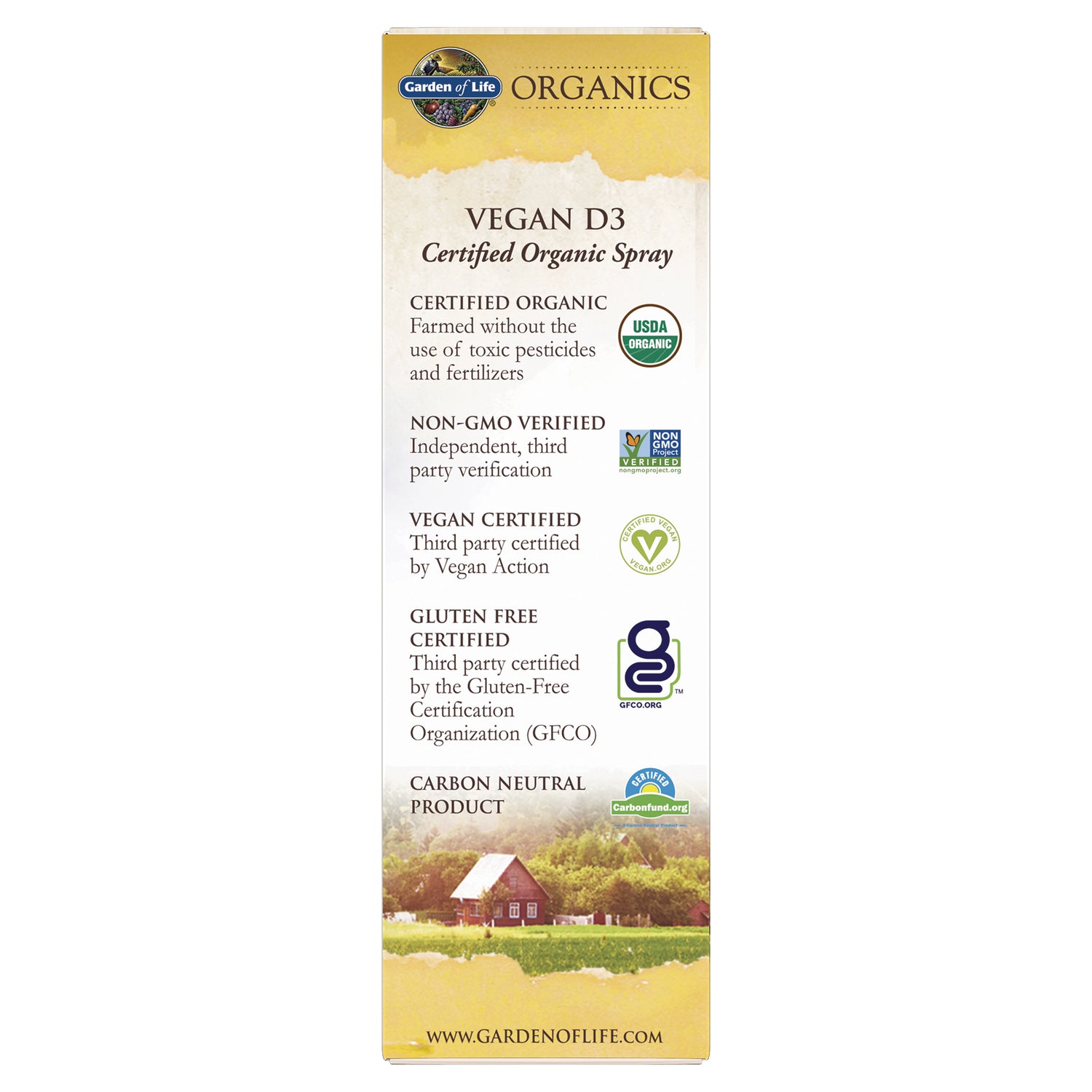 GLF187 | Back panel of Garden of Life Organics Vegan D3 spray showing certifications: USDA Organic, Non-GMO, vegan, gluten free, carbon neutral