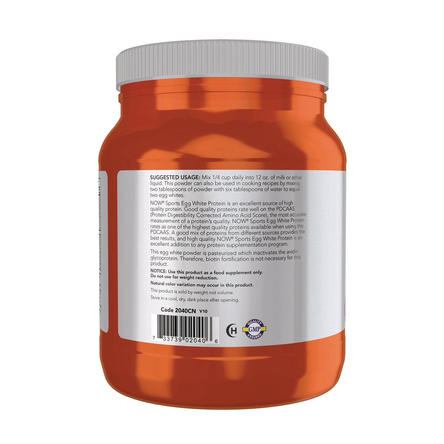 NWF214 | Back of orange supplement jar showing white label with suggested usage text and barcode