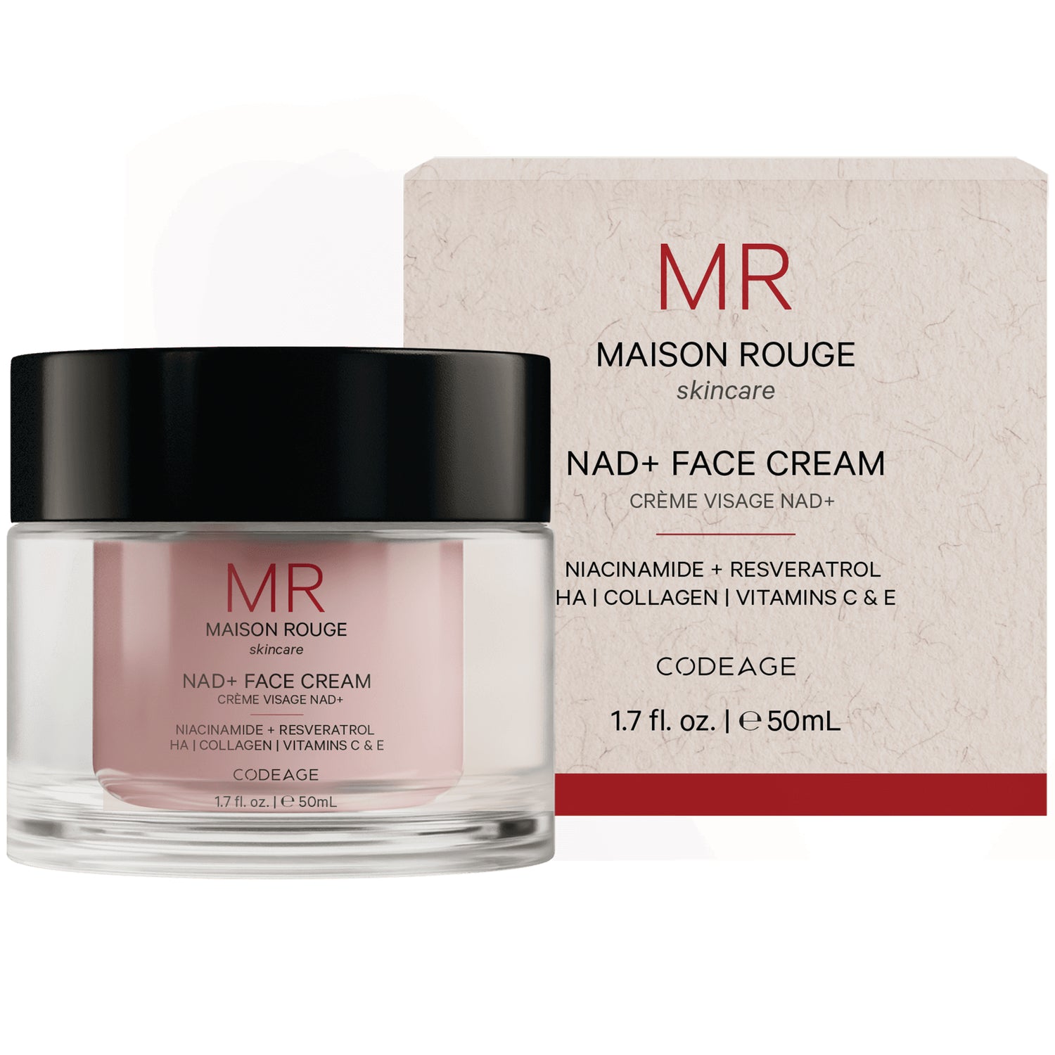 CDG056 | Maison Rouge NAD+ Face Cream jar and outer box, pink cream visible, 1.7 fl oz