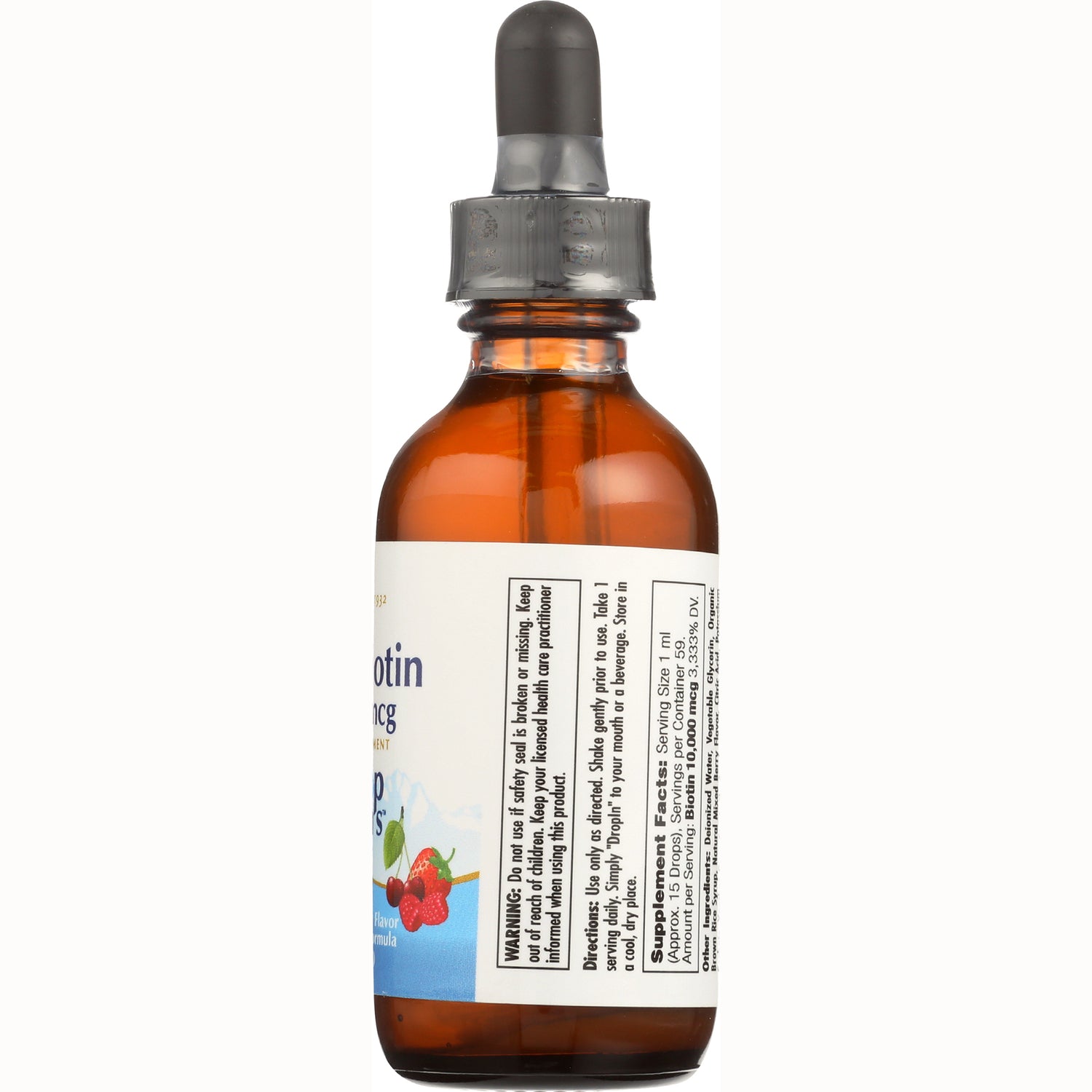 KL553 | amber glass dropper bottle showing back label with supplement facts and small berry illustration