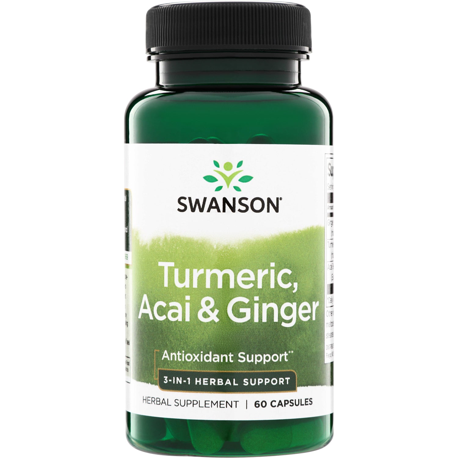 SW1586 | Swanson Turmeric, Acai & Ginger supplement bottle, Antioxidant Support, 3-in-1 Herbal Support, 60 capsules