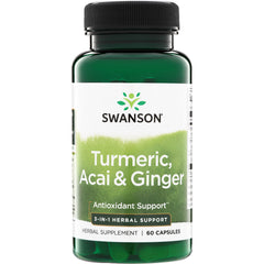 SW1586 | Swanson Turmeric, Acai & Ginger supplement bottle, Antioxidant Support, 3-in-1 Herbal Support, 60 capsules