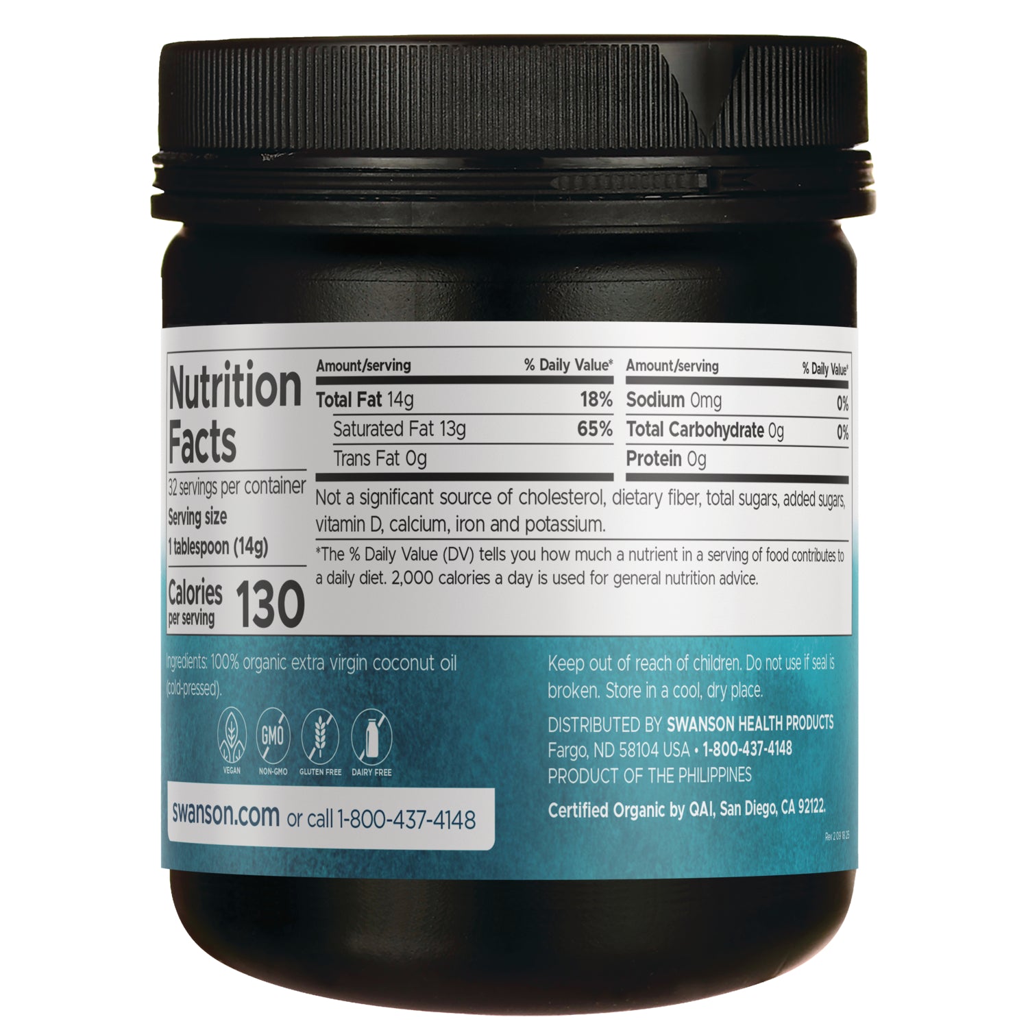 SWF035 | Nutrition Facts label for certified organic extra virgin coconut oil, 1 tbsp (14 g), 130 calories