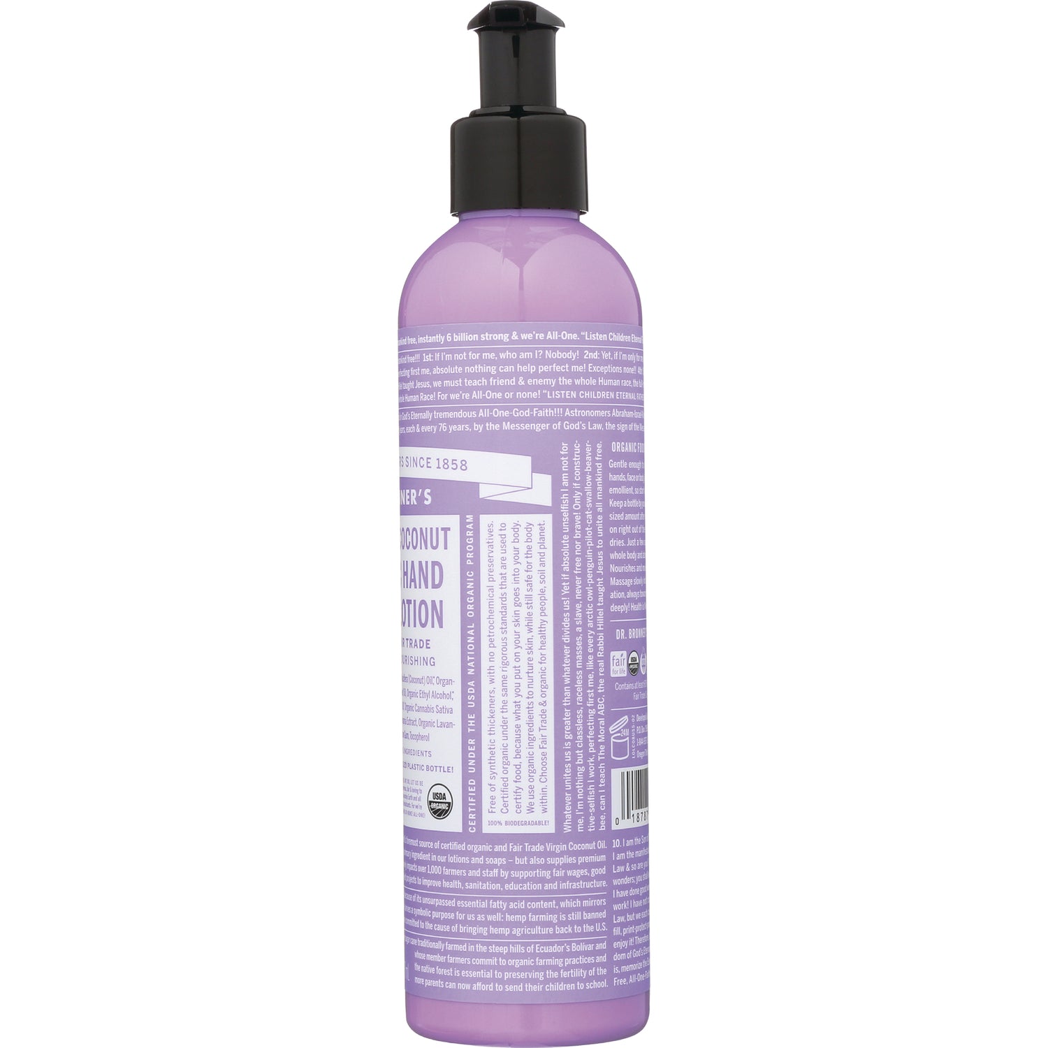 DRB034 | Back of purple lotion bottle with pump showing ingredient label text