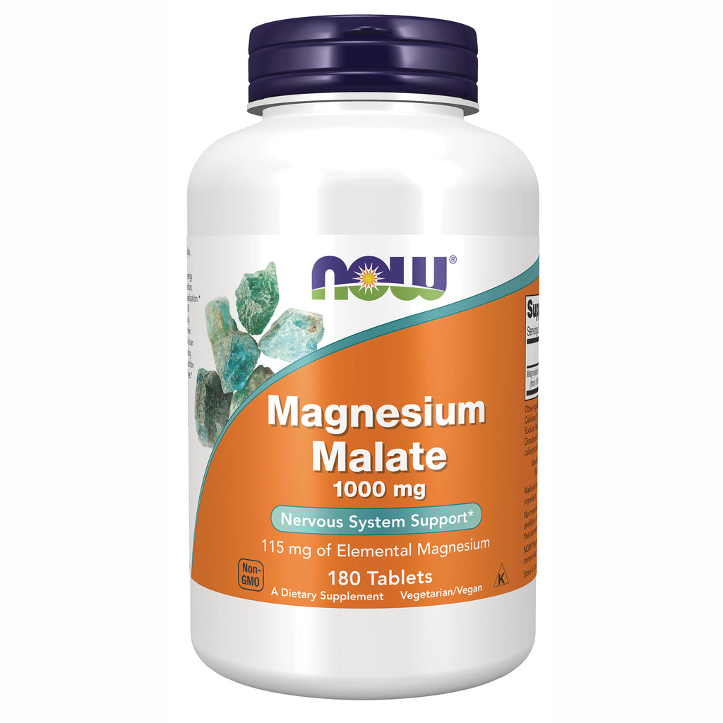 NWF771 | NOW Magnesium Malate 1000 mg white bottle with orange label, 180 tablets, Nervous System Support - Thumbnail