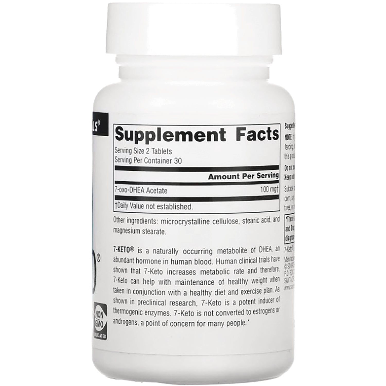 SN327 | Back label with Supplement Facts, serving size 2 tablets, 7-oxo-DHEA acetate 100 mg