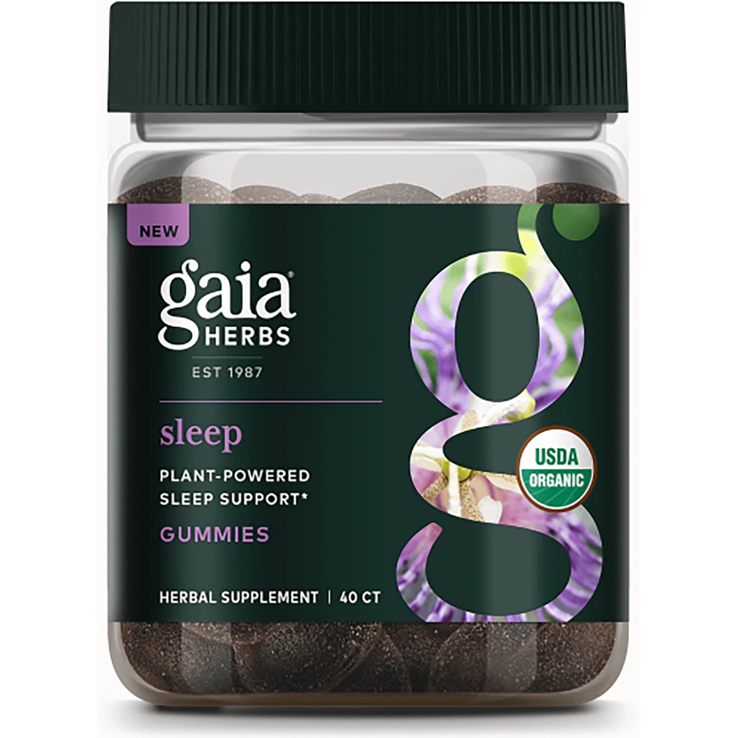 GH143 | Gaia Herbs Sleep plant-powered gummy supplement bottle with dark green label and USDA Organic badge, 40 ct