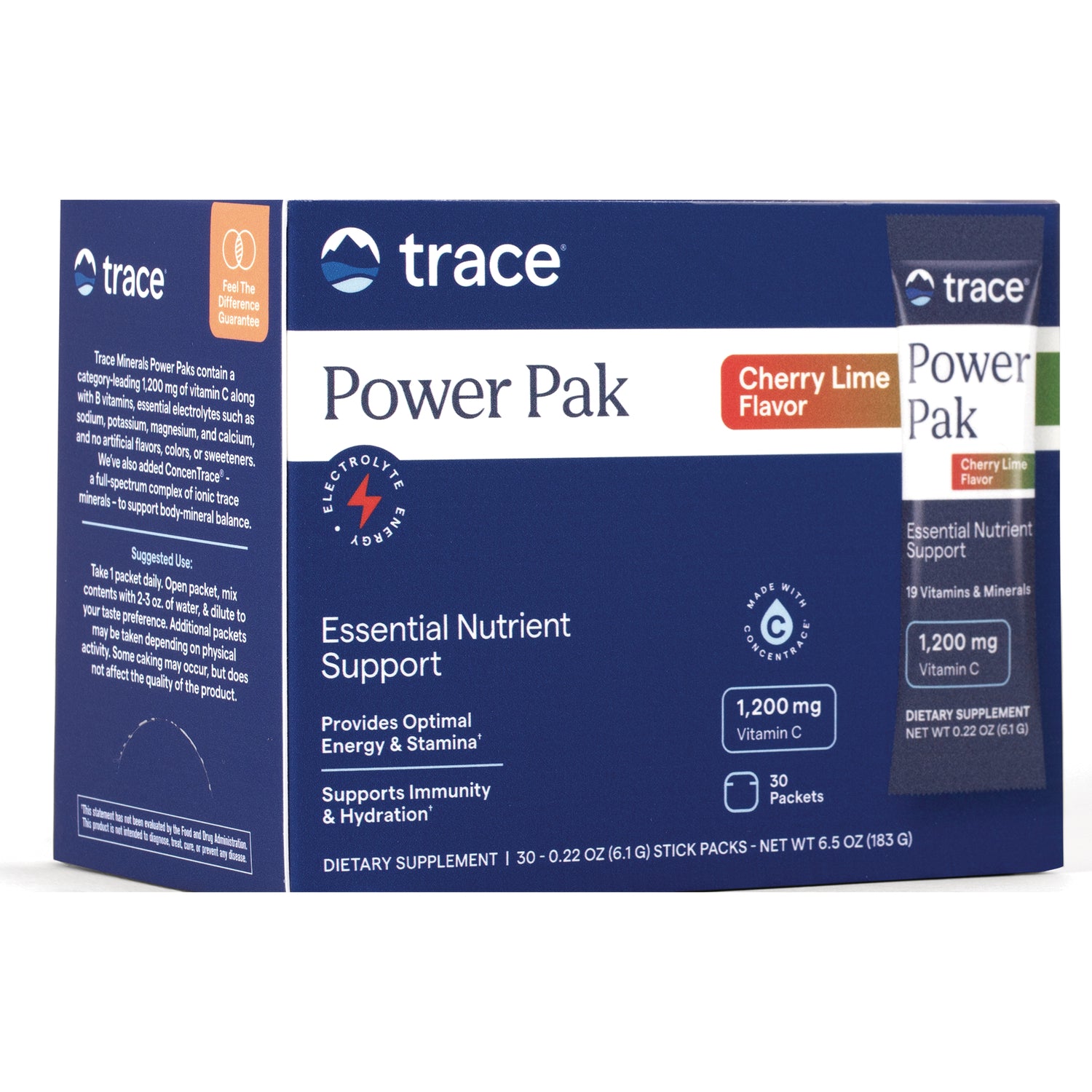 TM018 | Trace Power Pak Cherry Lime Flavor electrolyte drink mix, 1,200 mg Vitamin C, box of 30 packets