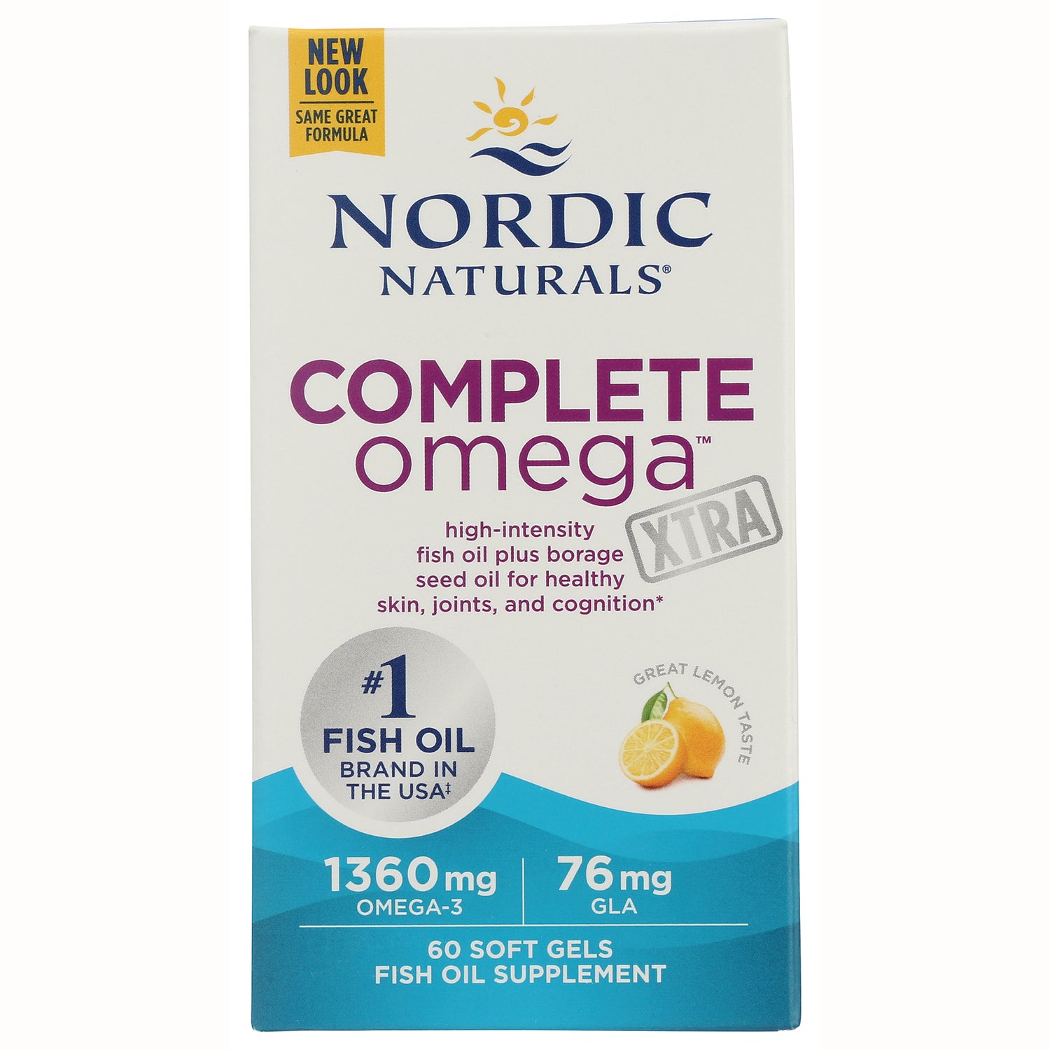 NRN066 | Nordic Naturals Complete Omega XTRA fish oil supplement box, 60 soft gels, 1360 mg omega-3, lemon taste