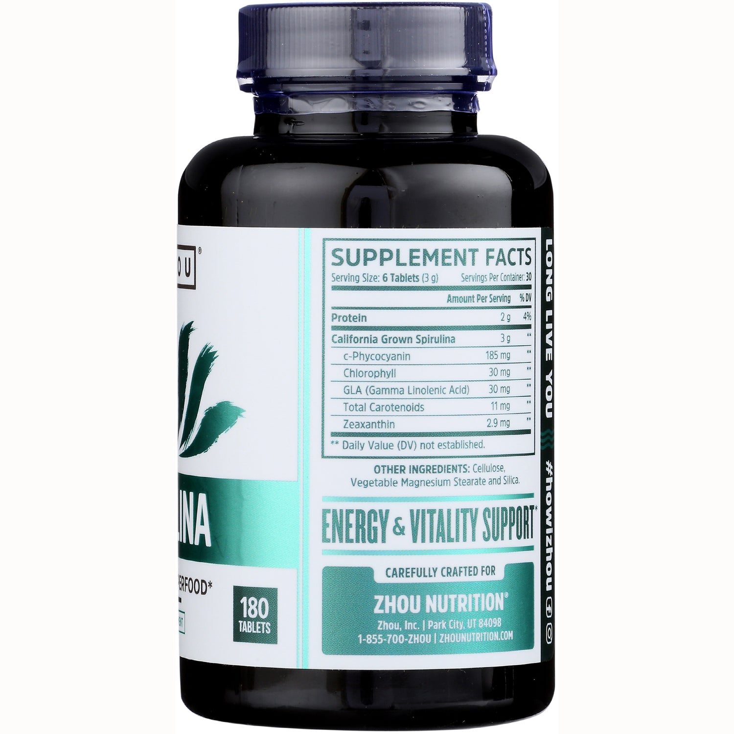 ZOU040 | Back label with Supplement Facts, Energy & Vitality Support, Zhou Nutrition spirulina, 180 tablets