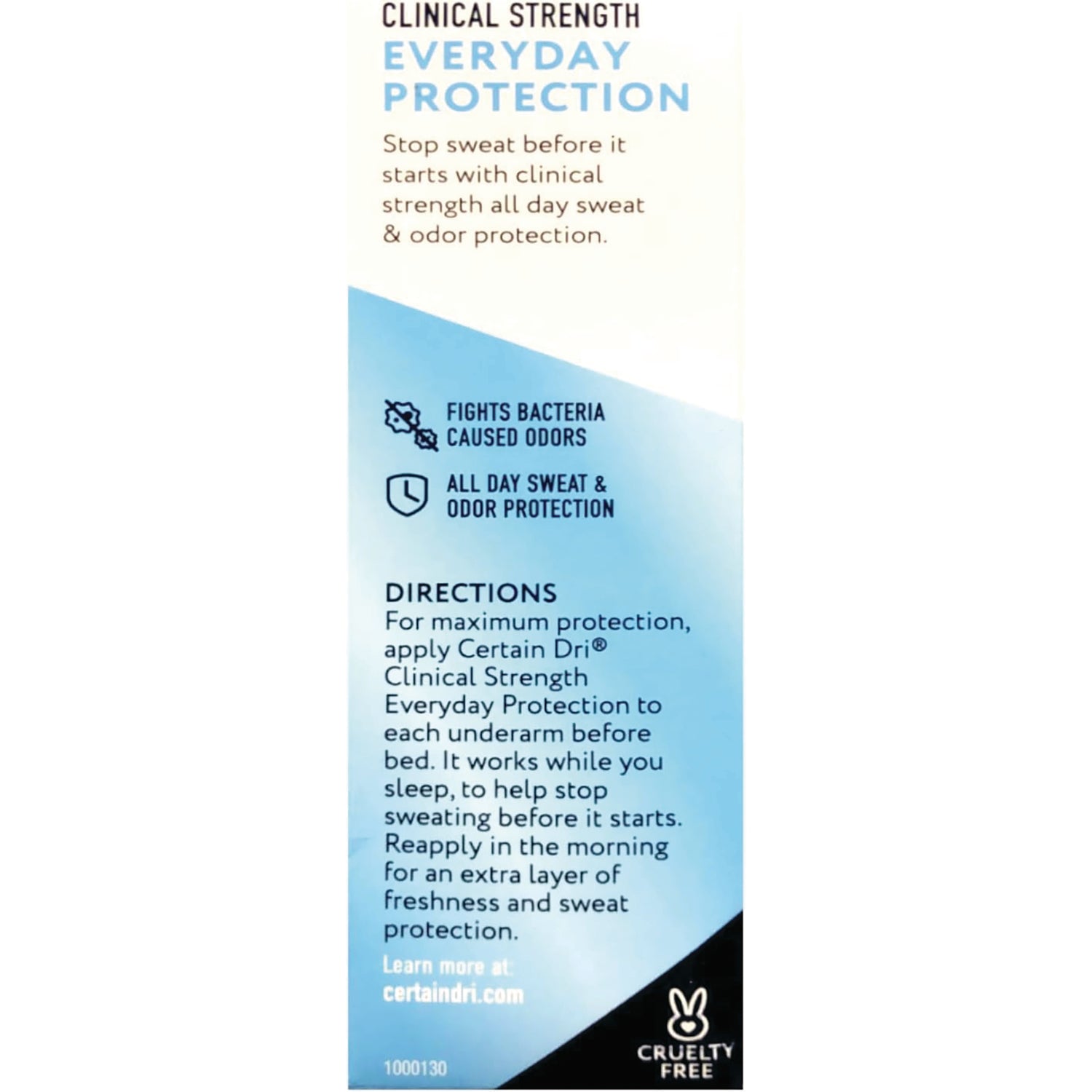 DSE007 | Back panel of Certain Dri Clinical Strength Everyday Protection showing directions, benefits text and cruelty free logo