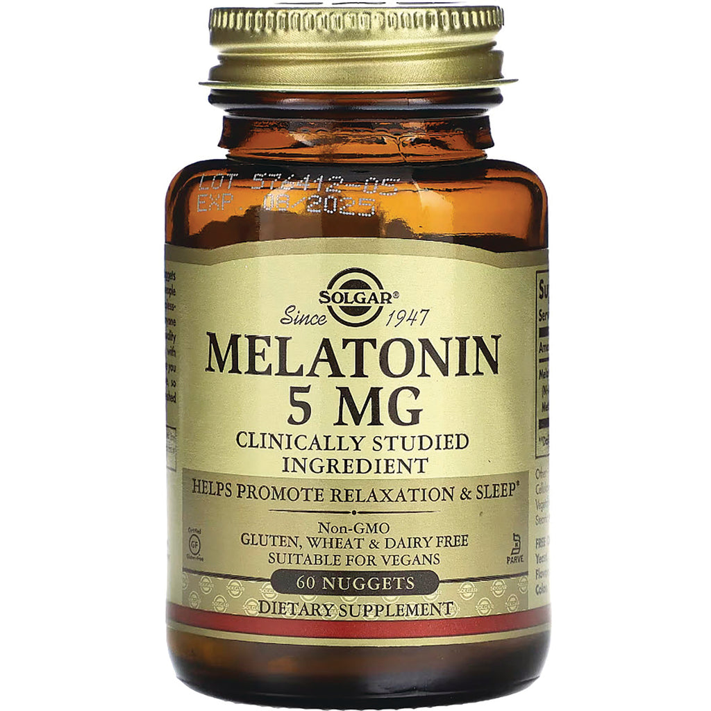 SLG352 | Solgar Melatonin 5 MG amber bottle with 60 nuggets dietary supplement label - Thumbnail