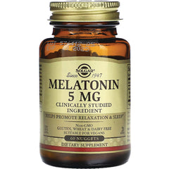 SLG352 | Solgar Melatonin 5 MG amber bottle with 60 nuggets dietary supplement label