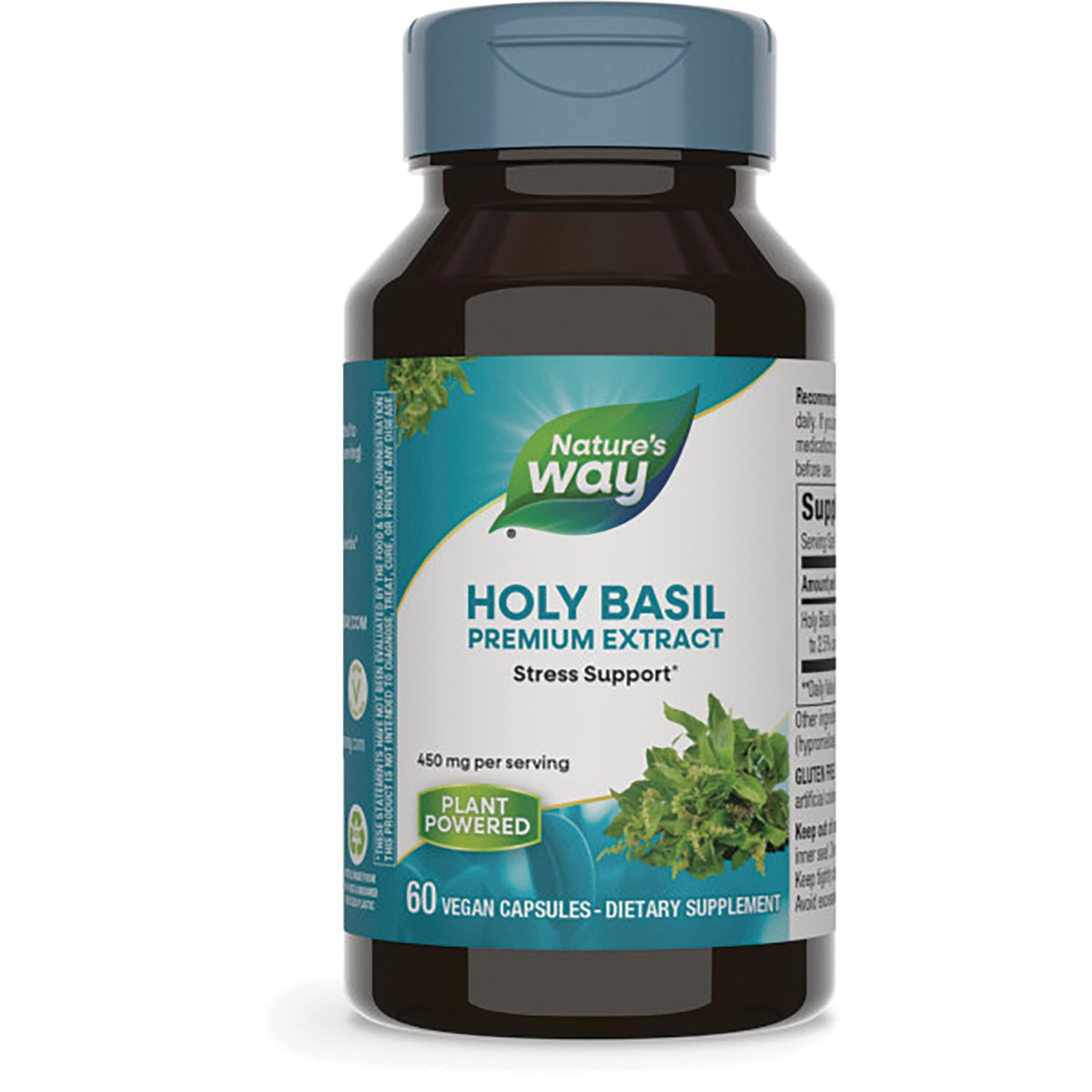 NW610 | Nature's Way Holy Basil Premium Extract bottle, front label showing 60 vegan capsules and Plant Powered badge