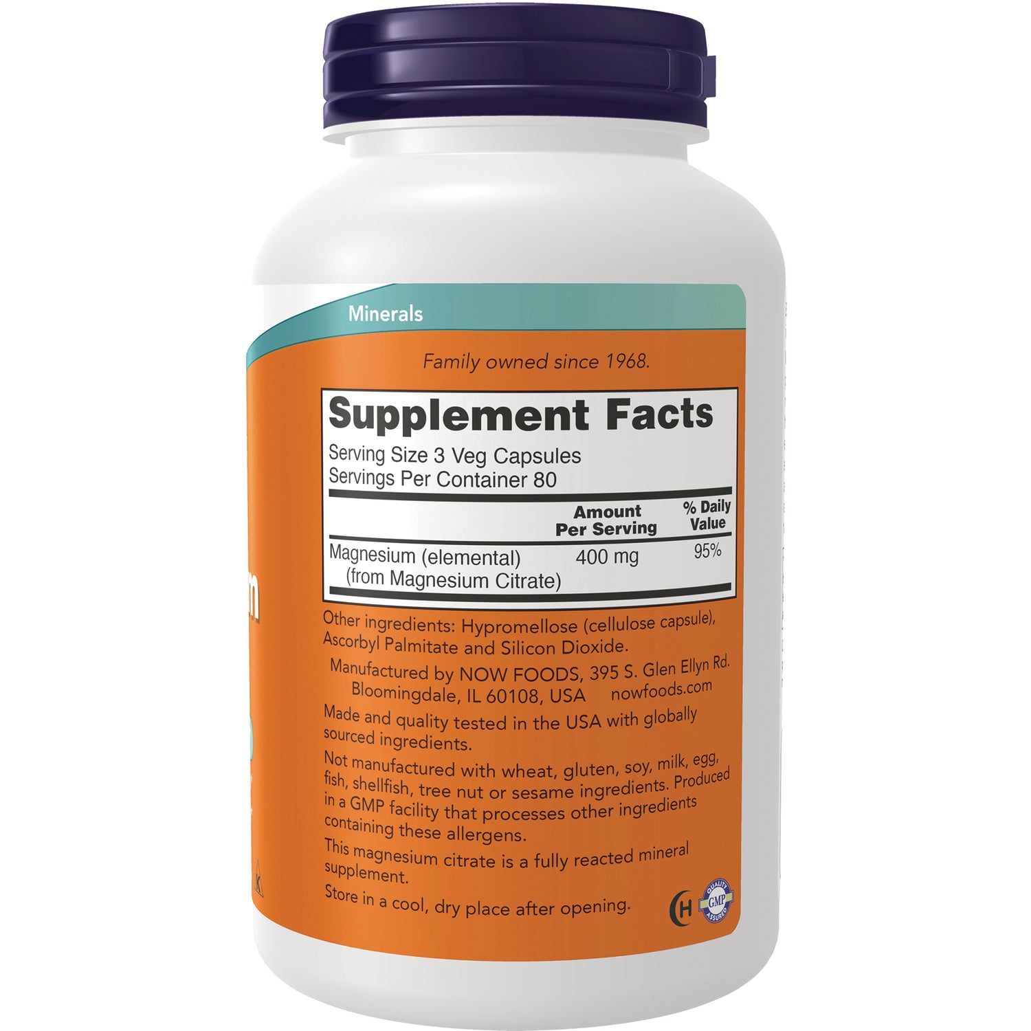 NWF1450 | Back label of white supplement bottle showing Supplement Facts panel, serving size, magnesium content, and ingredients