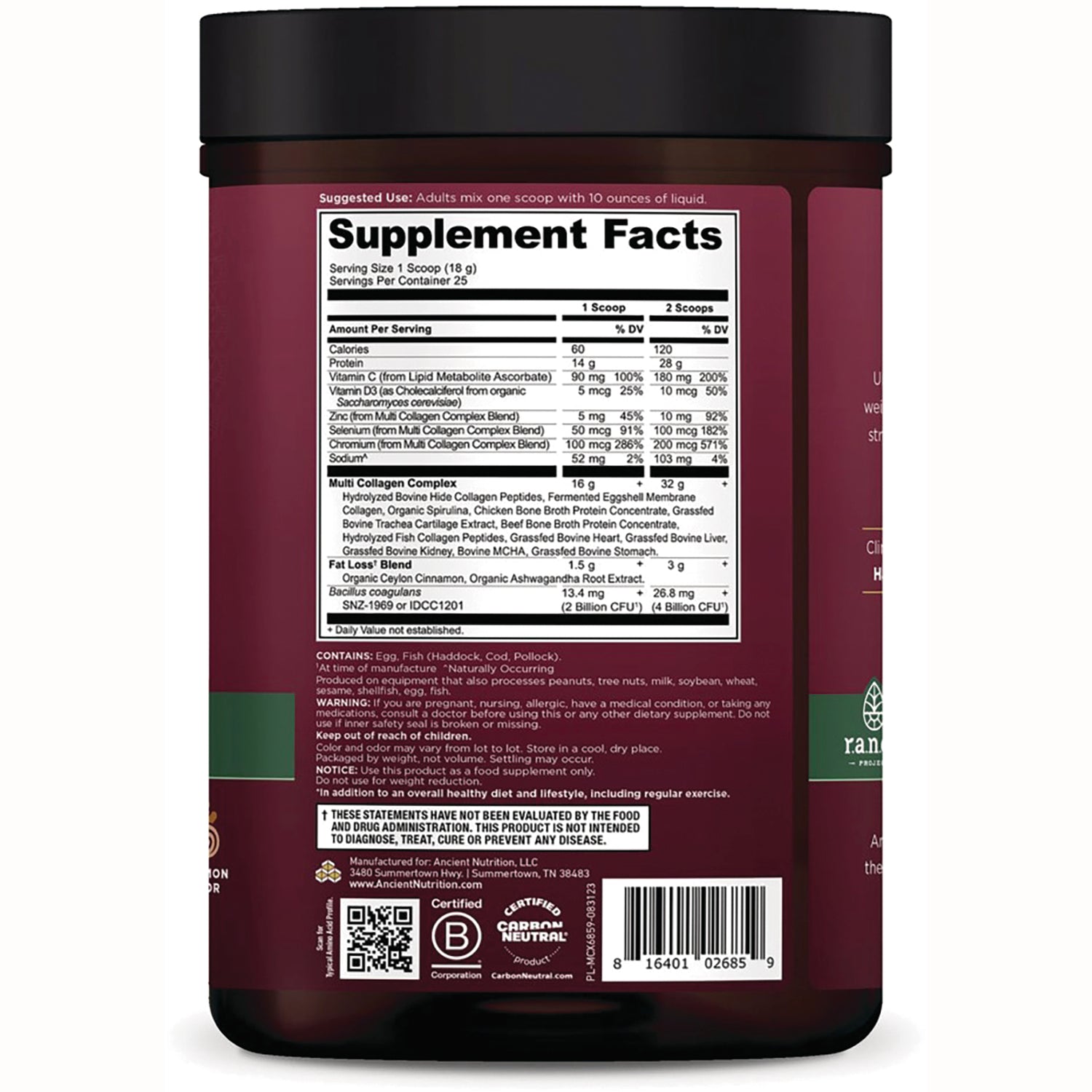 ATN127 | Back of maroon supplement container showing Supplement Facts nutrition label and barcode