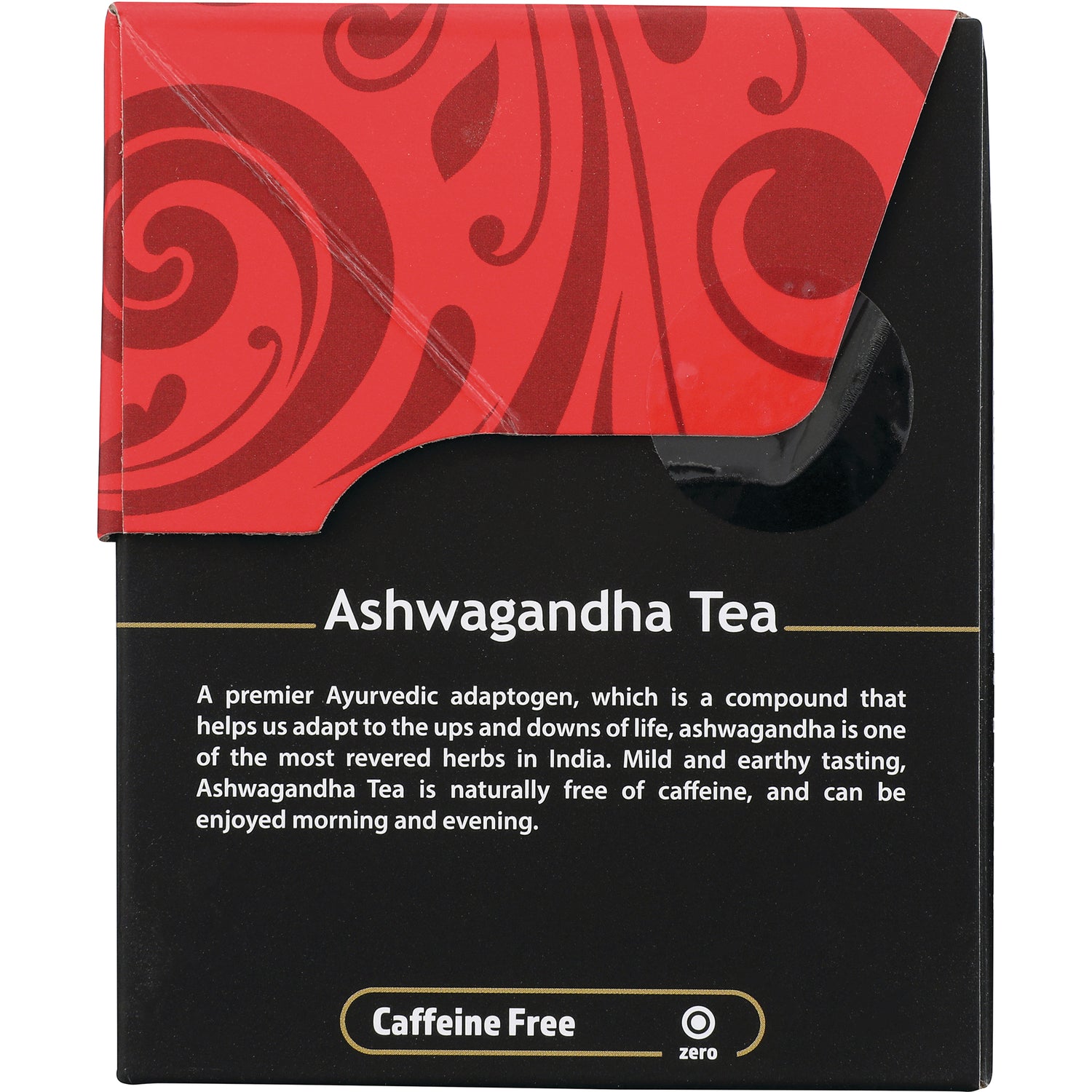 BUD015 | Back of Ashwagandha Tea box with product description and Caffeine Free label