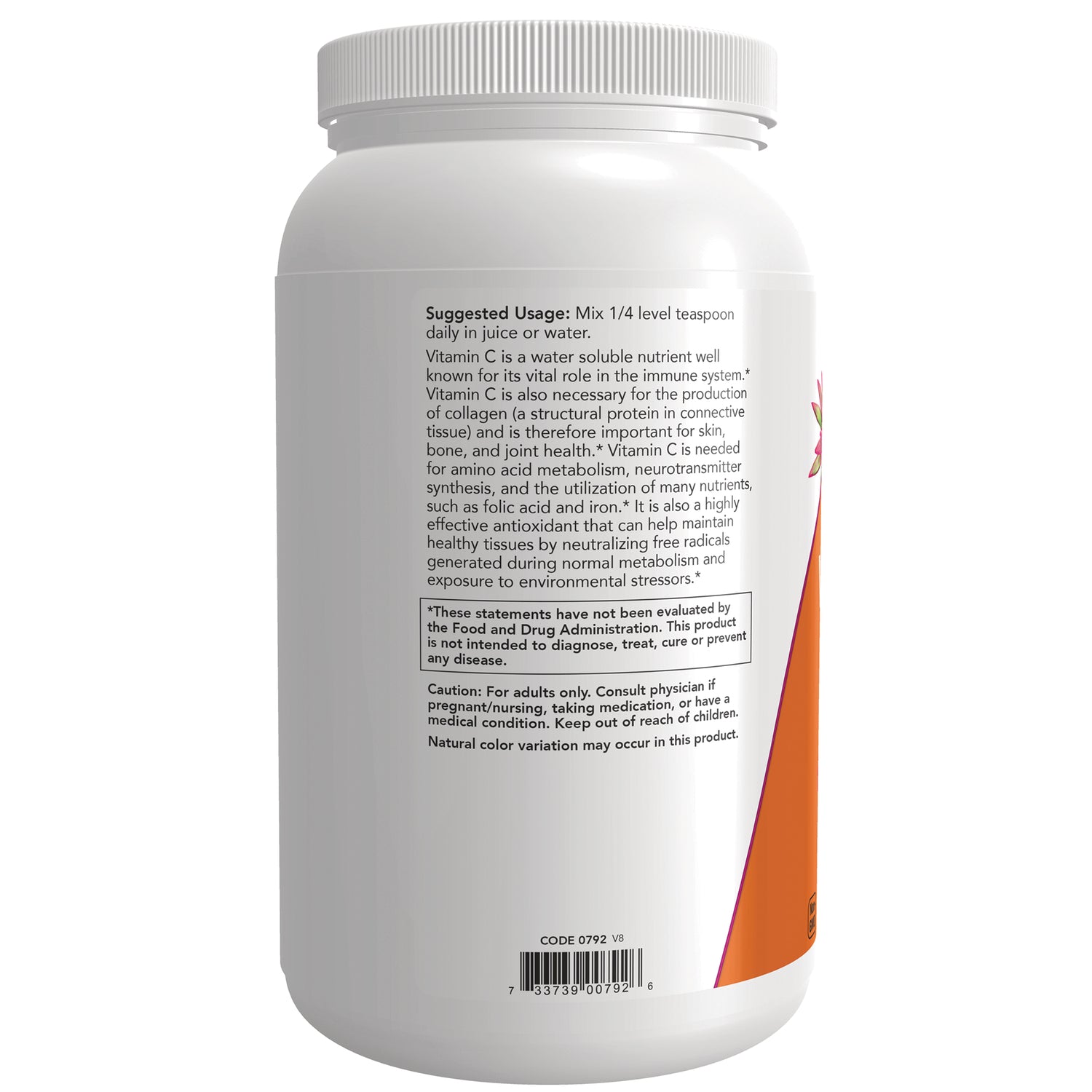 Back of white supplement jar showing suggested usage text, caution box, barcode, and partial orange side label