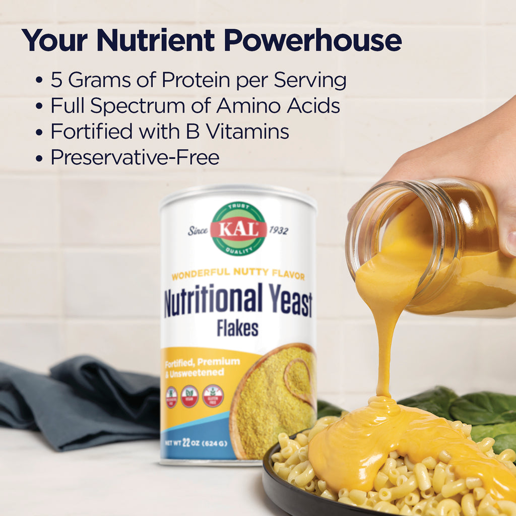 Can of KAL Nutritional Yeast flakes with headline Your Nutrient Powerhouse and feature bullets, cheese sauce being poured over pasta - Thumbnail