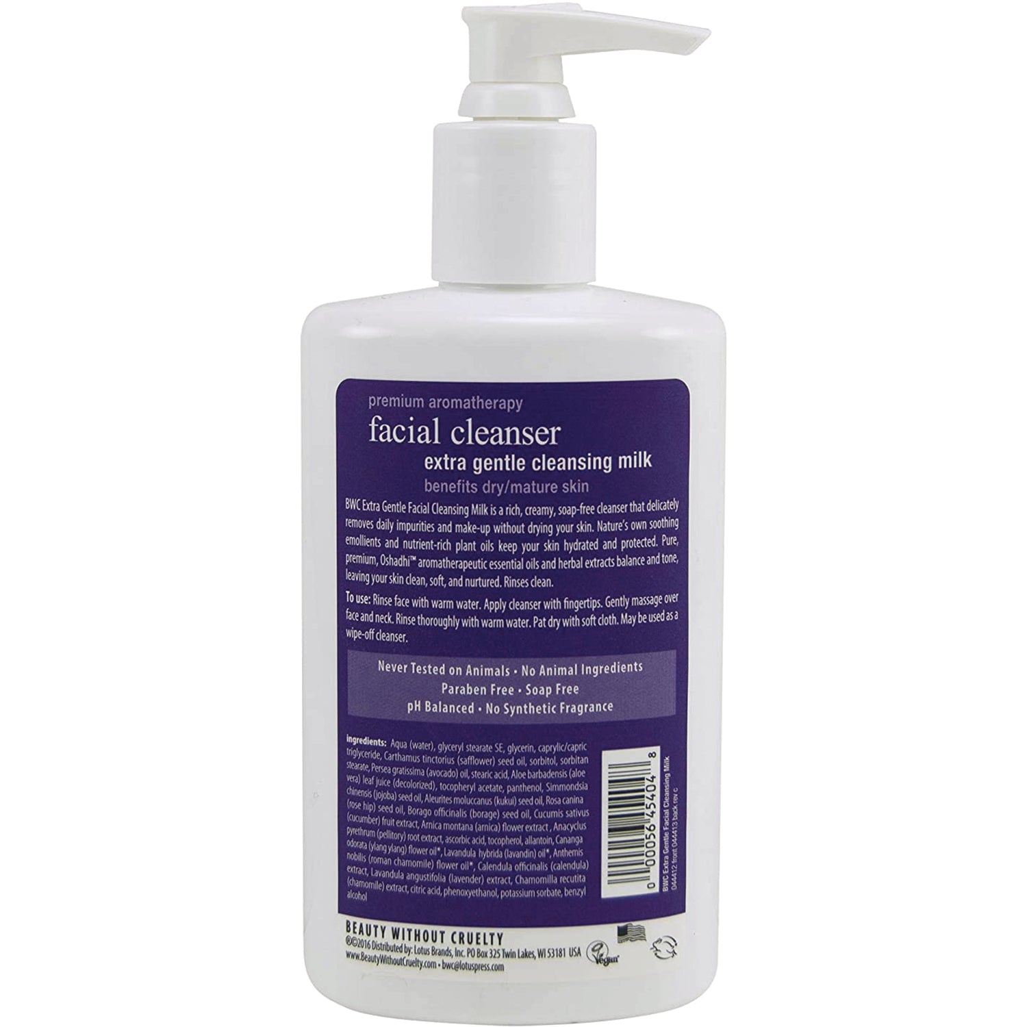 BWC086 | Back label of white pump bottle showing facial cleanser name, ingredients and usage text on purple panel