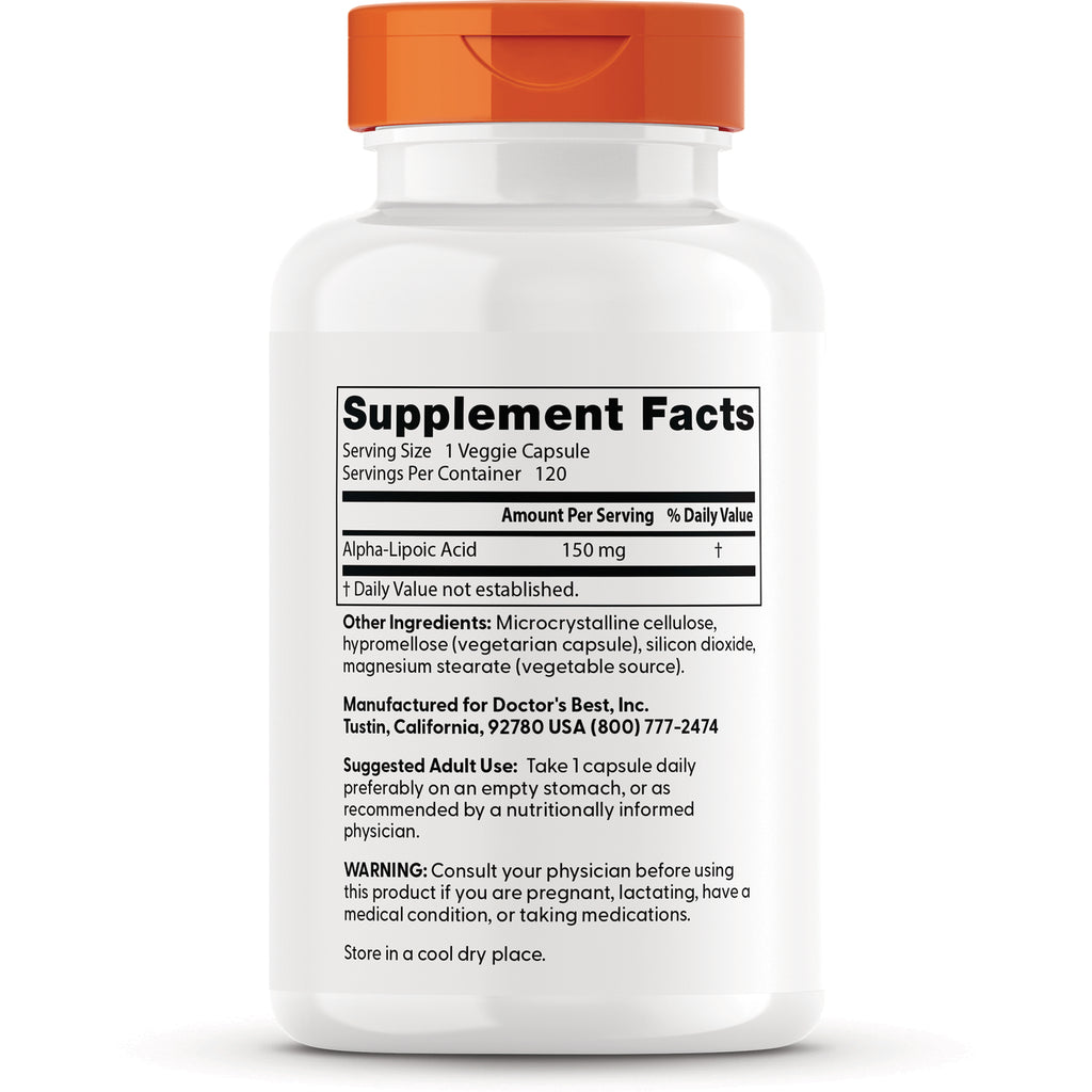 DB125 | bottle back label showing Supplement Facts panel with Alpha-Lipoic Acid 150 mg, ingredients and warnings - Thumbnail