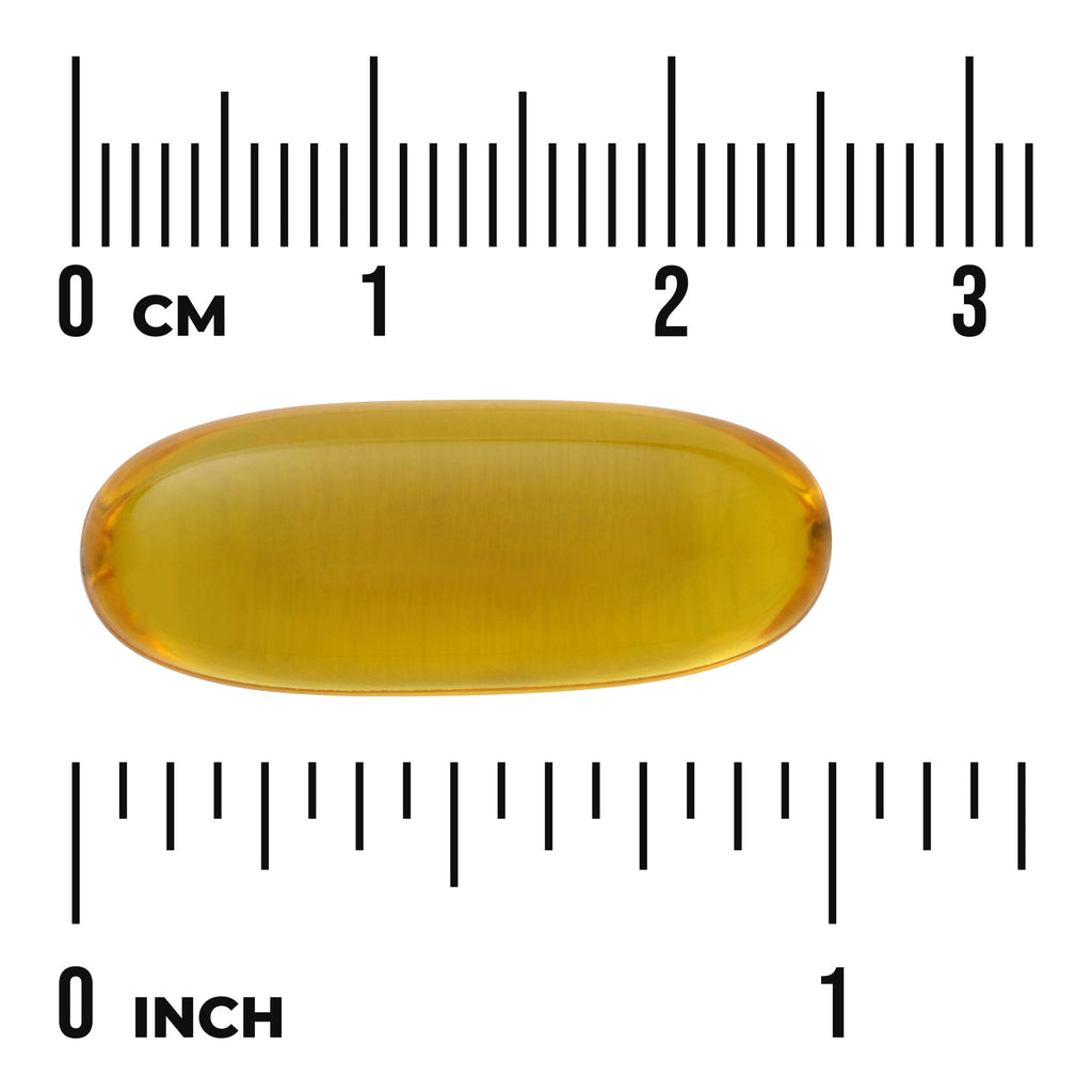 SWE001 | Yellow softgel capsule shown to scale with centimeter and inch rulers - Thumbnail