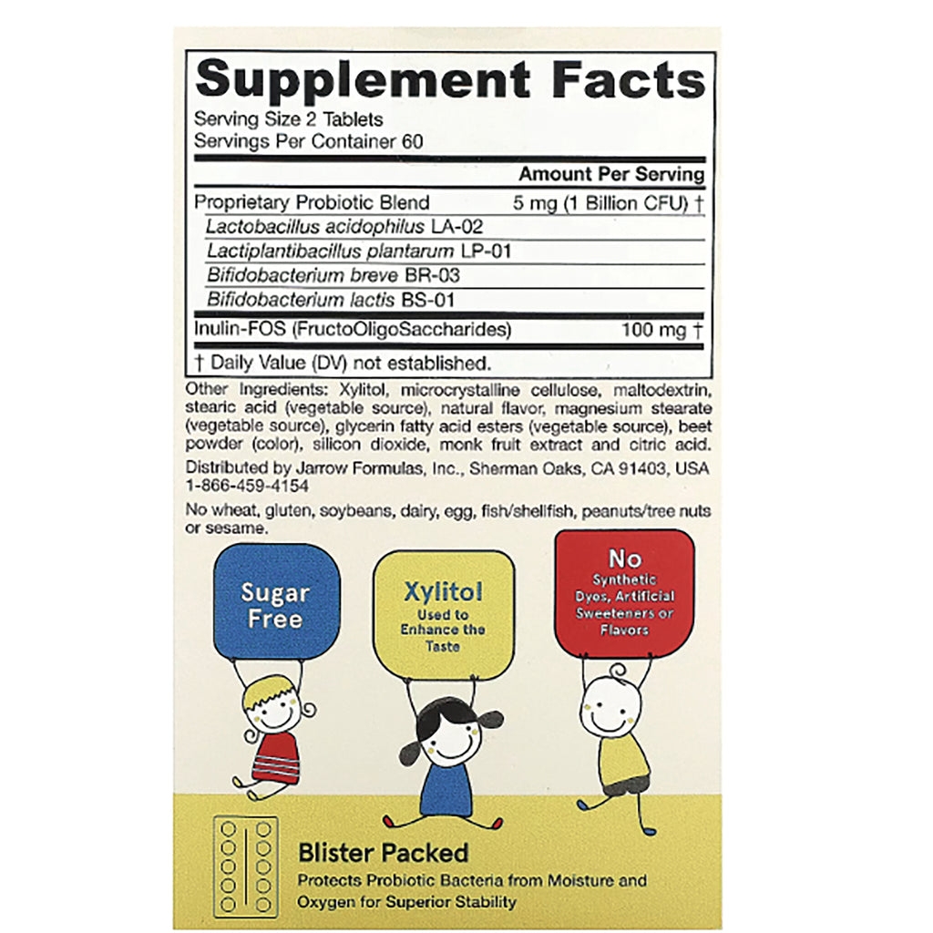 JR351 | back label showing Supplement Facts panel, ingredient list, and child illustrations with Sugar Free, Xylitol, No Synthetic Dyes callouts - Thumbnail